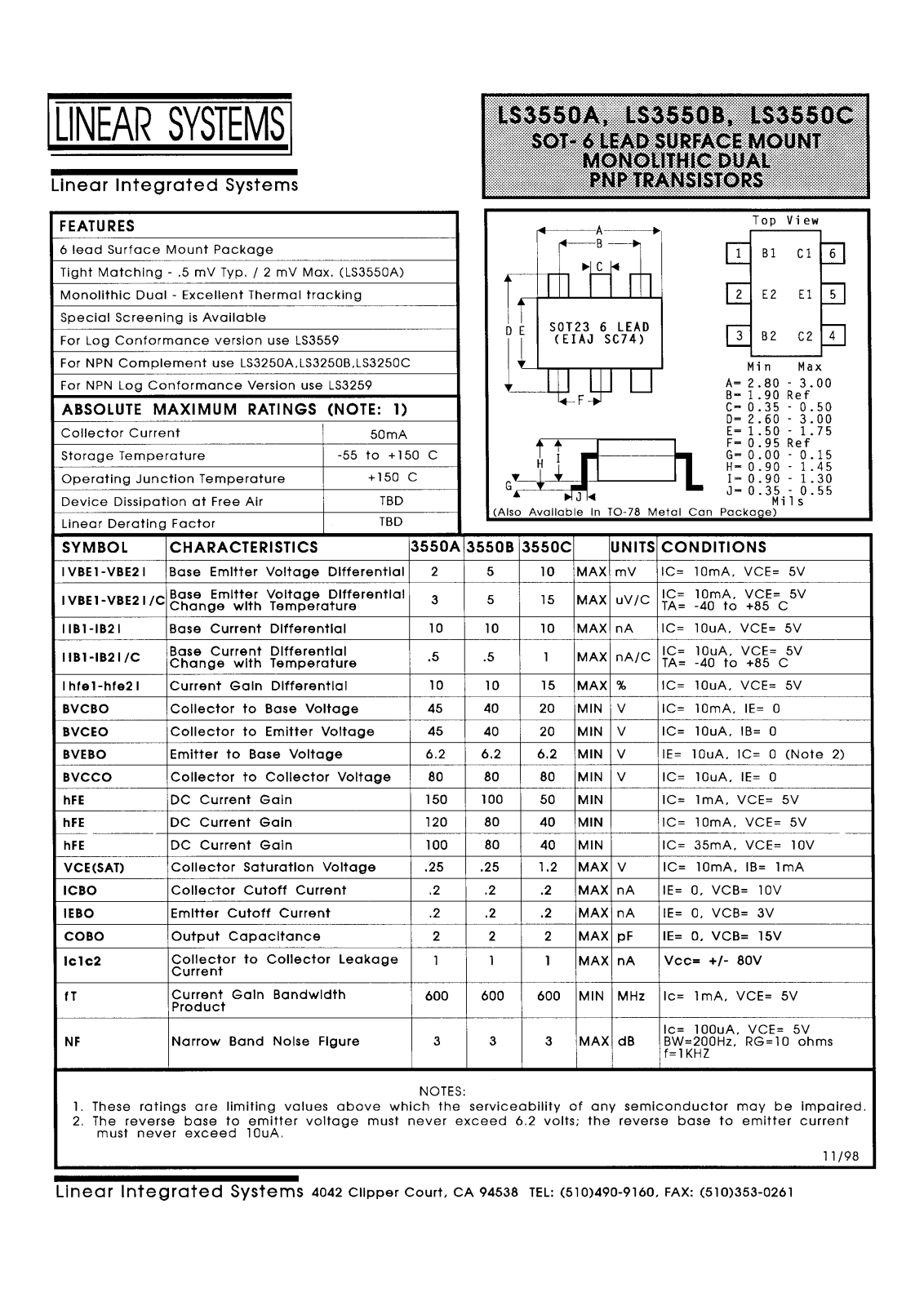 Datasheet LS3550B, LS3550C, LS3550A Datasheet (Linear Integrated System Linear Systems) - ManualMachine.com