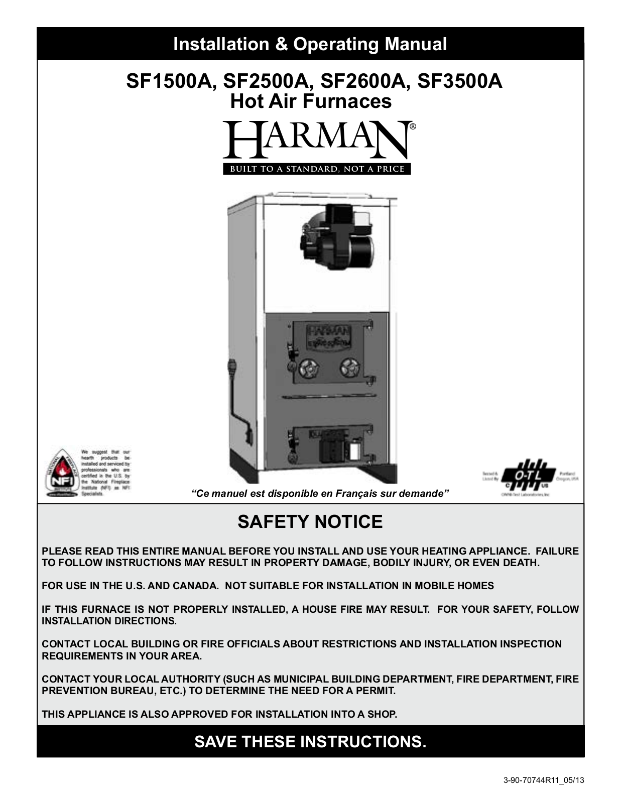 Harman Stove Company SF1500A User Manual