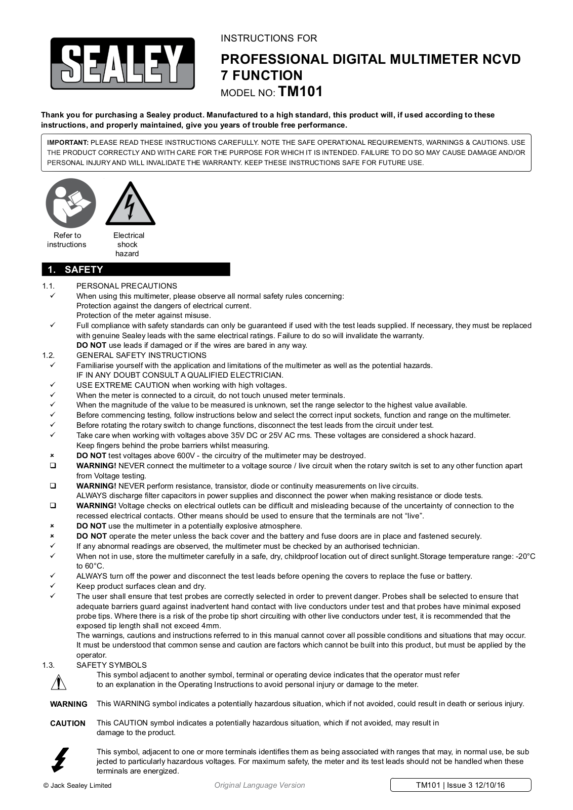 Sealey TM101 Instructions Manual