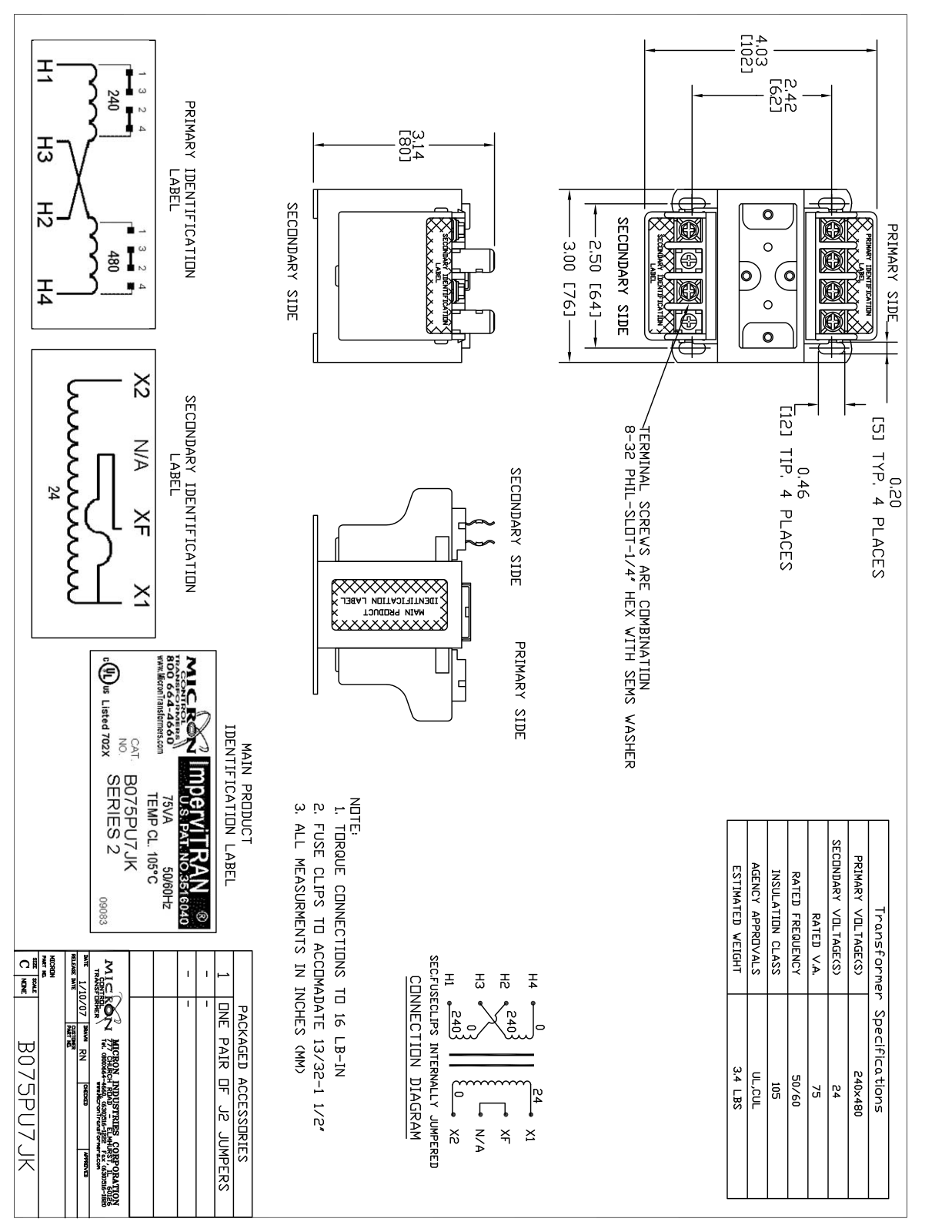 Micron Industries B075PU7JK Specification Sheet