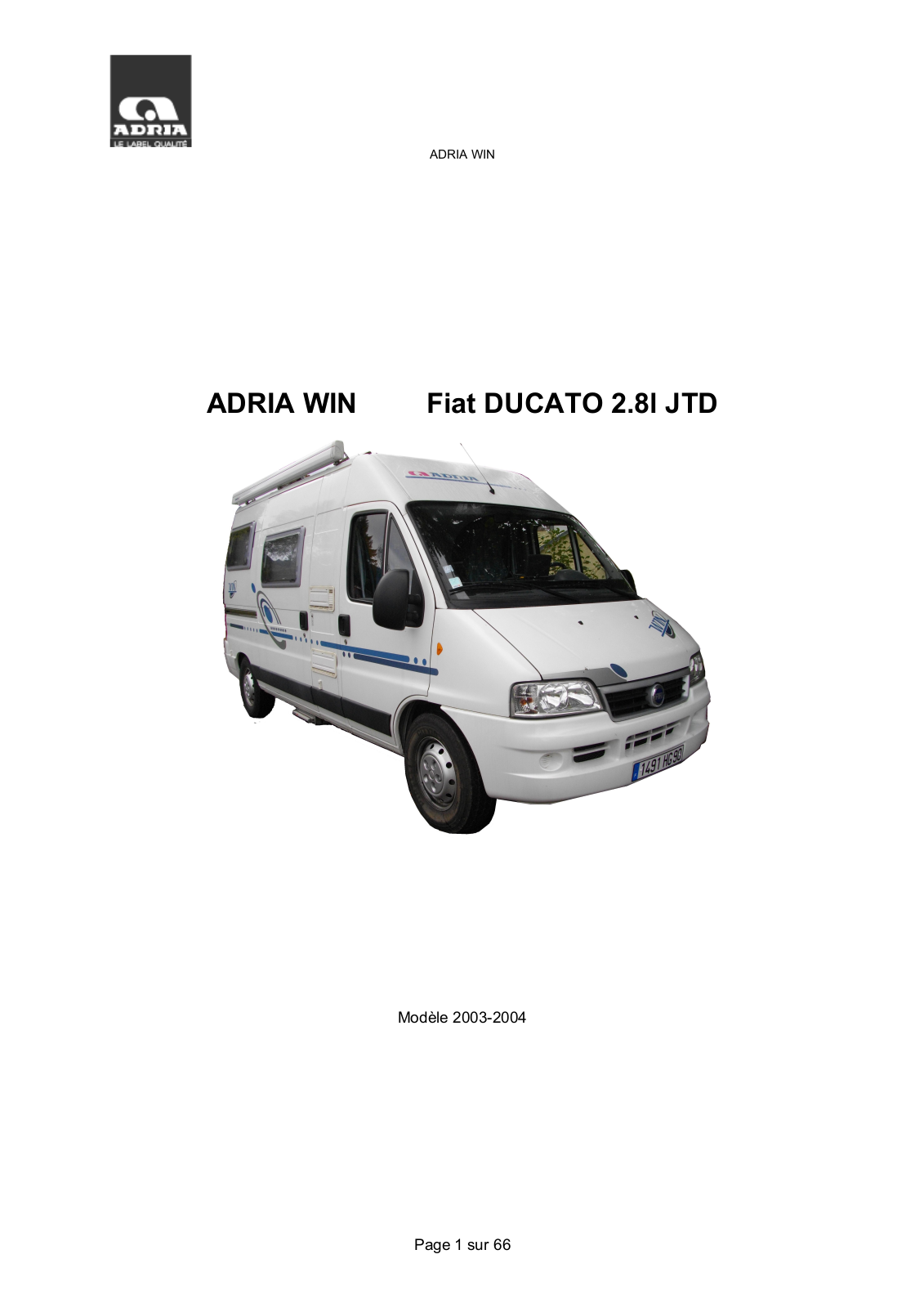 ADRIA Fiat DUCATO 2.8l JTD User Manual