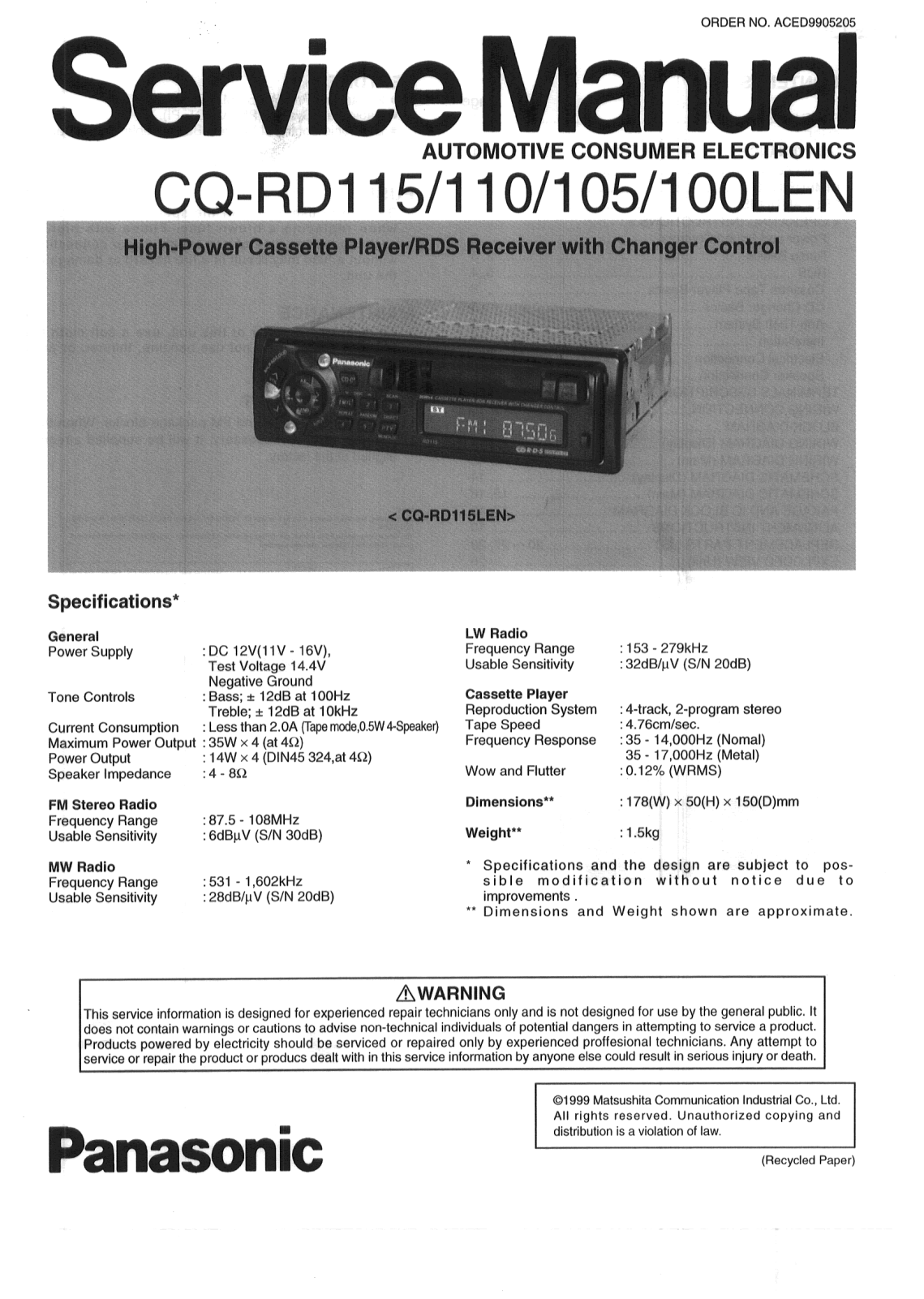 Panasonic CQRD-100-LEN, CQRD-105-LEN, CQRD-110-LEN, CQRD-115-LEN Service manual