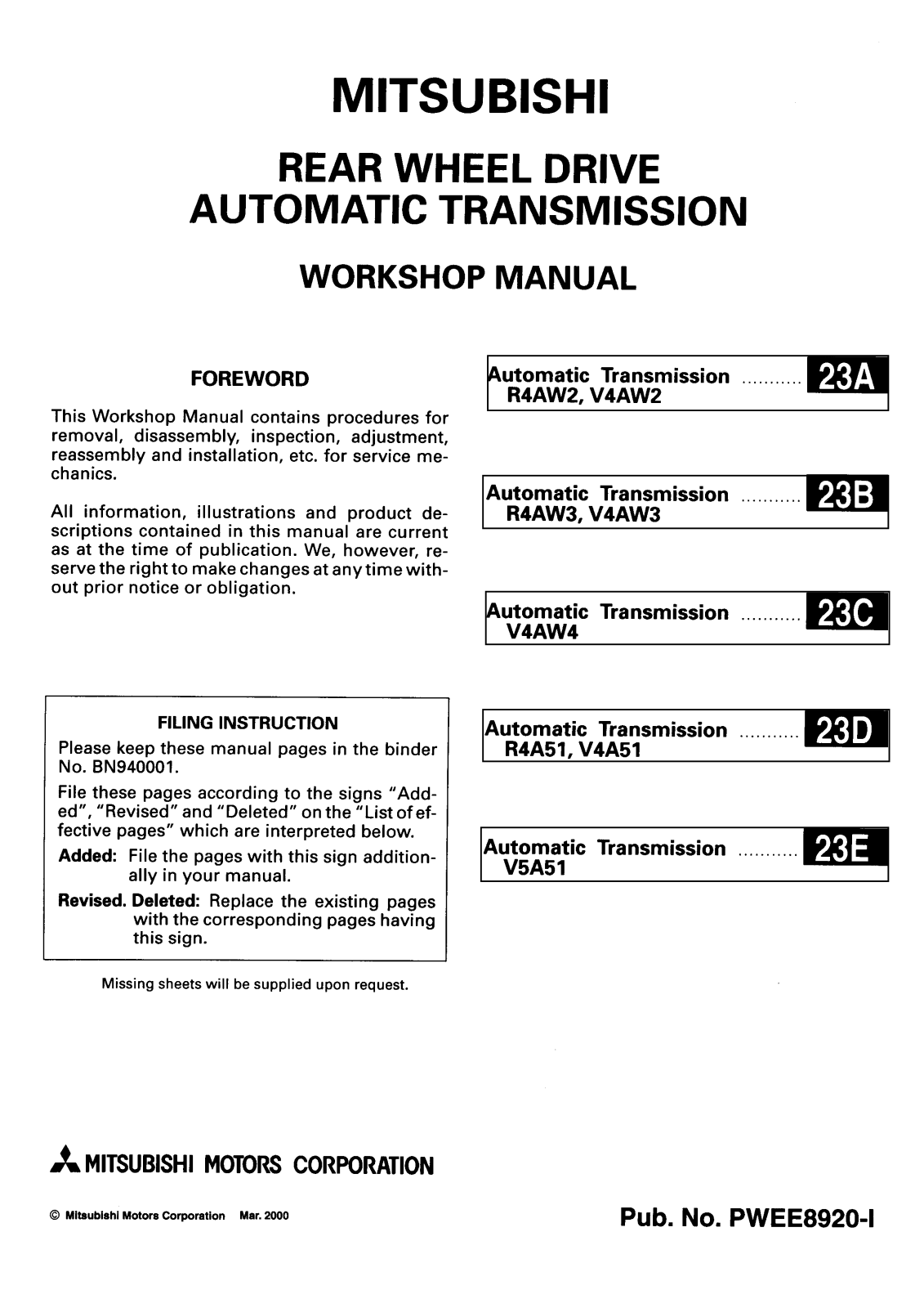 Mitsubishi PWEE8920-ABCDEFGHI Service manual