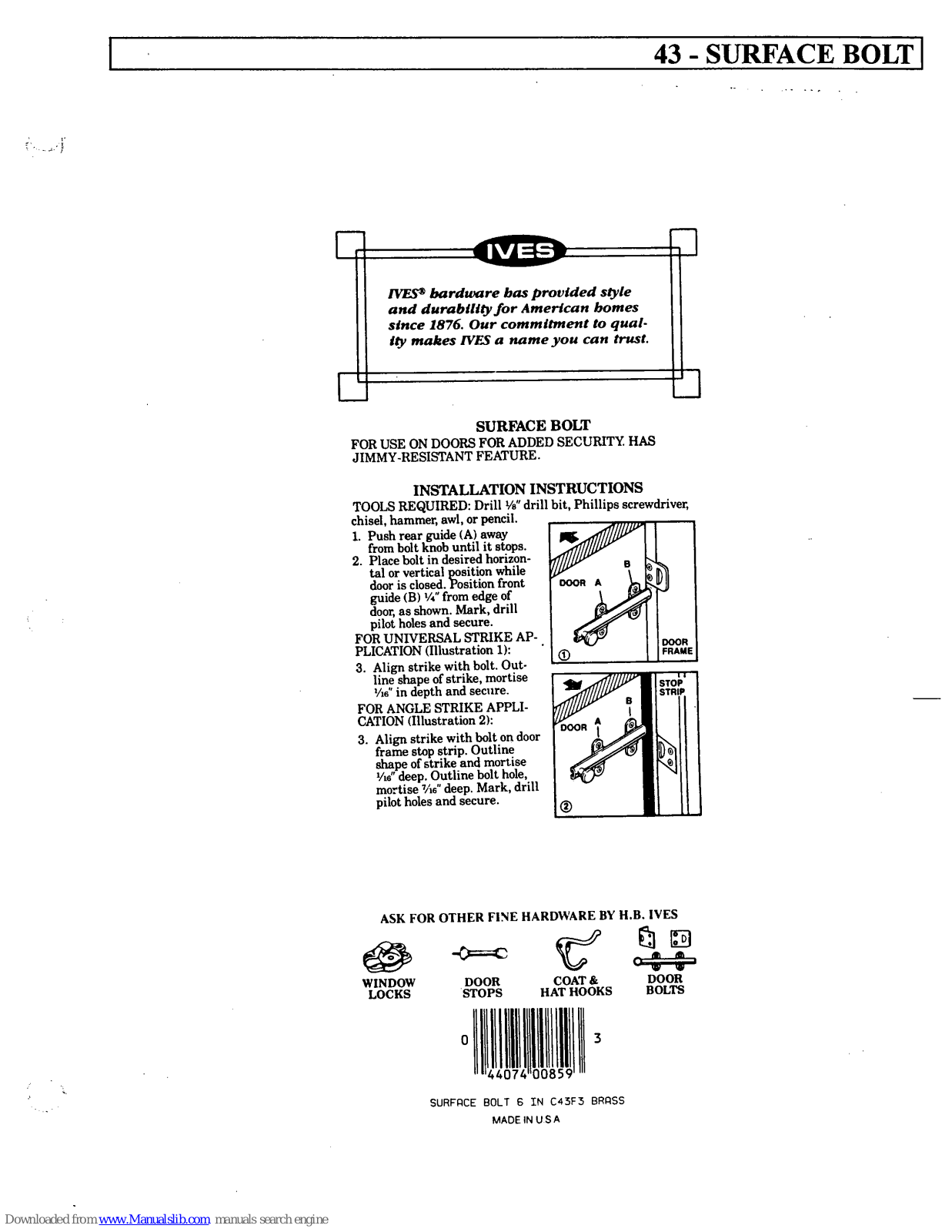 Ives Surface Bolt 43, 43 Installation Instructions Manual