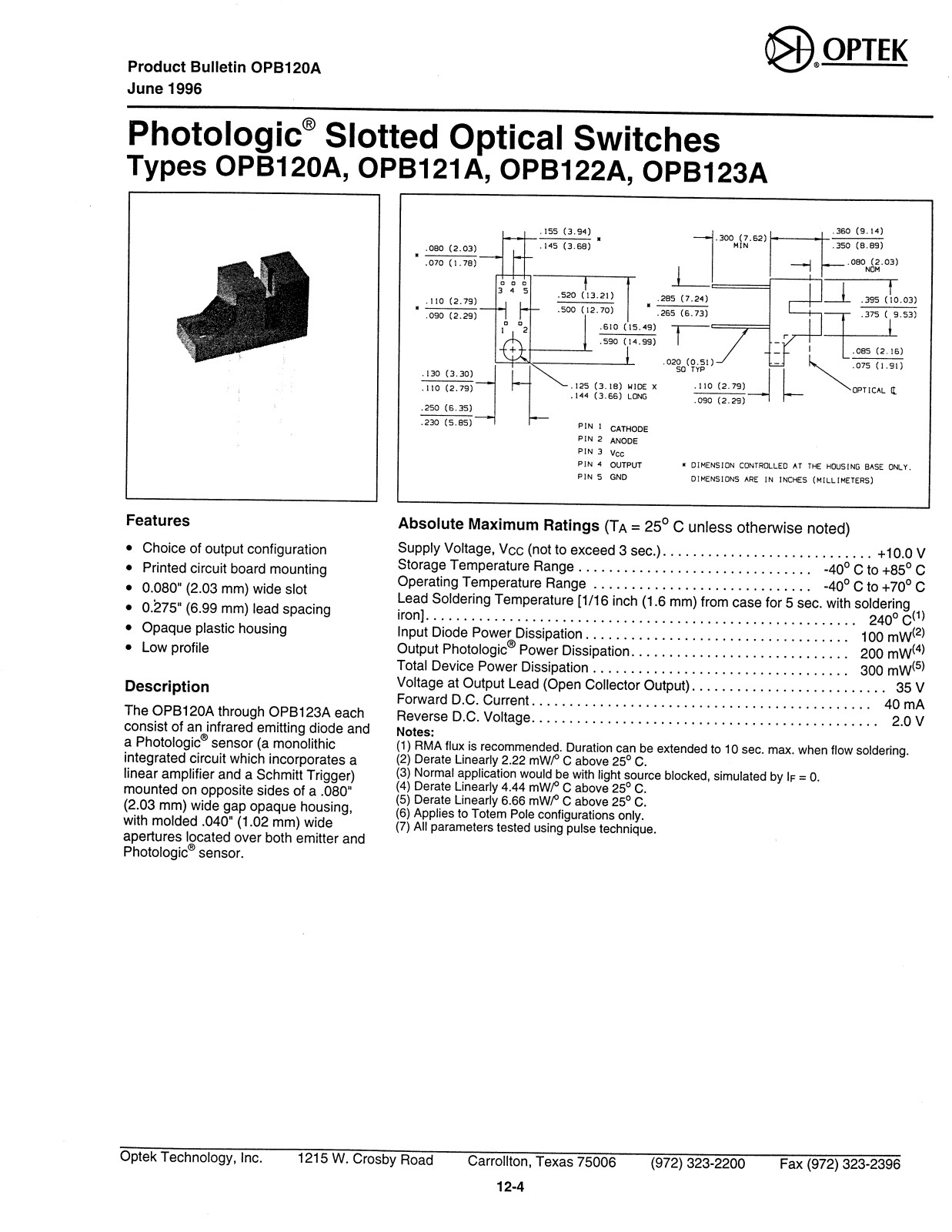 OPTEK OPB123A, OPB121A, OPB120A, OPB122A Datasheet