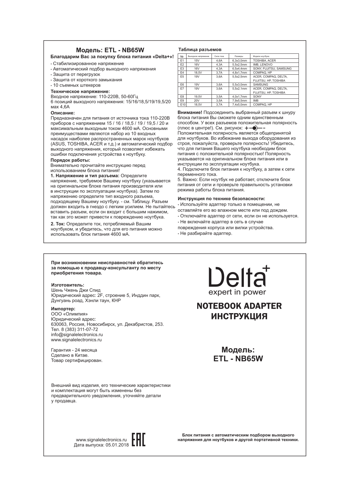 Delta+ ETL-NB65W User Manual