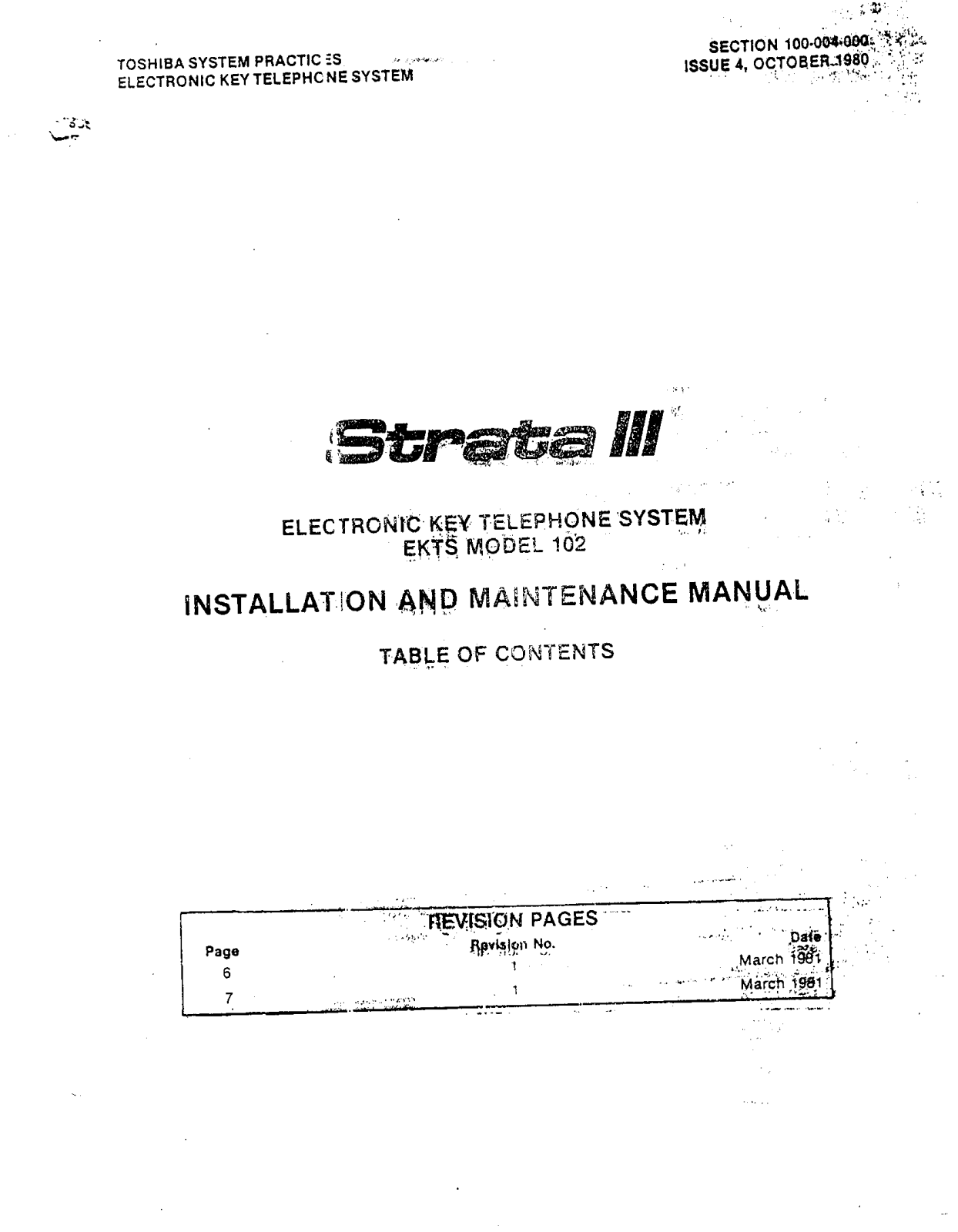 Toshiba Strata III INSTALLATION INSTRUCTIONS