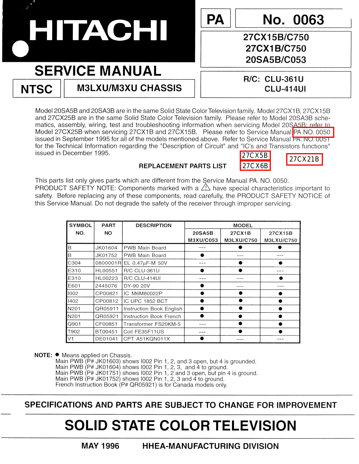 Hitachi 27CX15B/C750 Schematic