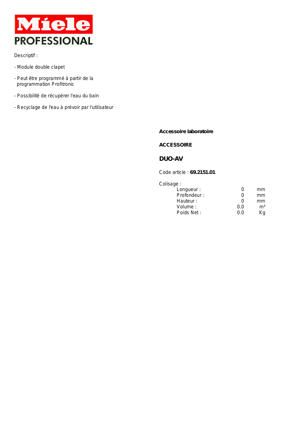 MIELE DUO-AV DESCRIPTIF User Manual