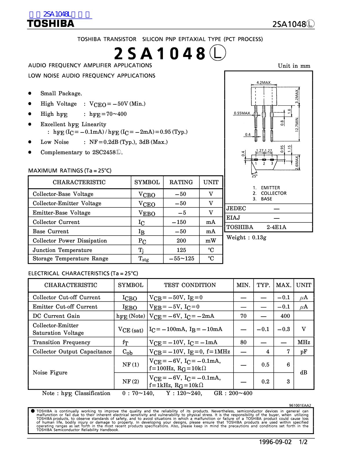 TOSHIBA 2SA1048 Service manual