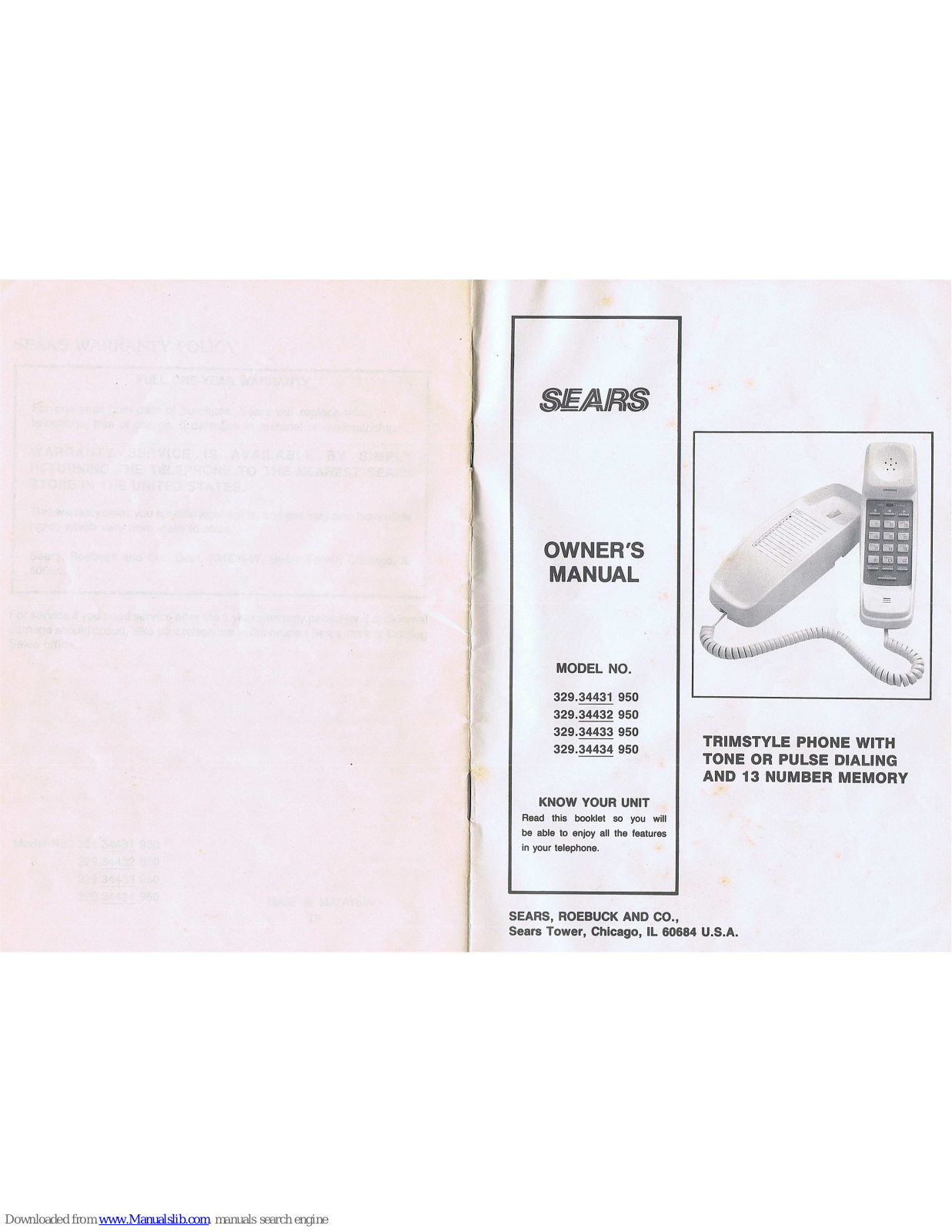 Sears 329.34431, 329.34432, 329.34433, 329.34434,329.344361950,329.34432950,329.34433950,329.34434950 Owner's Manual