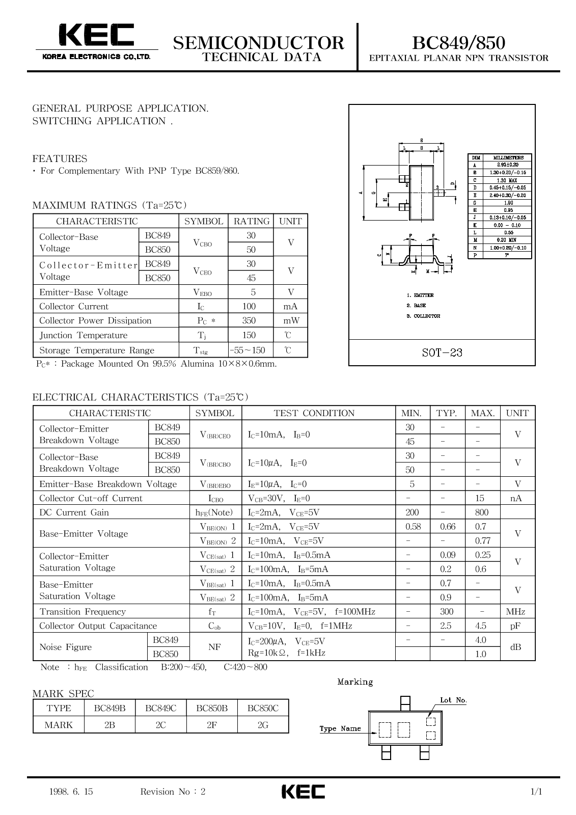 Korea Electronics Co  Ltd BC850B, BC849C, BC850C, BC849B Datasheet