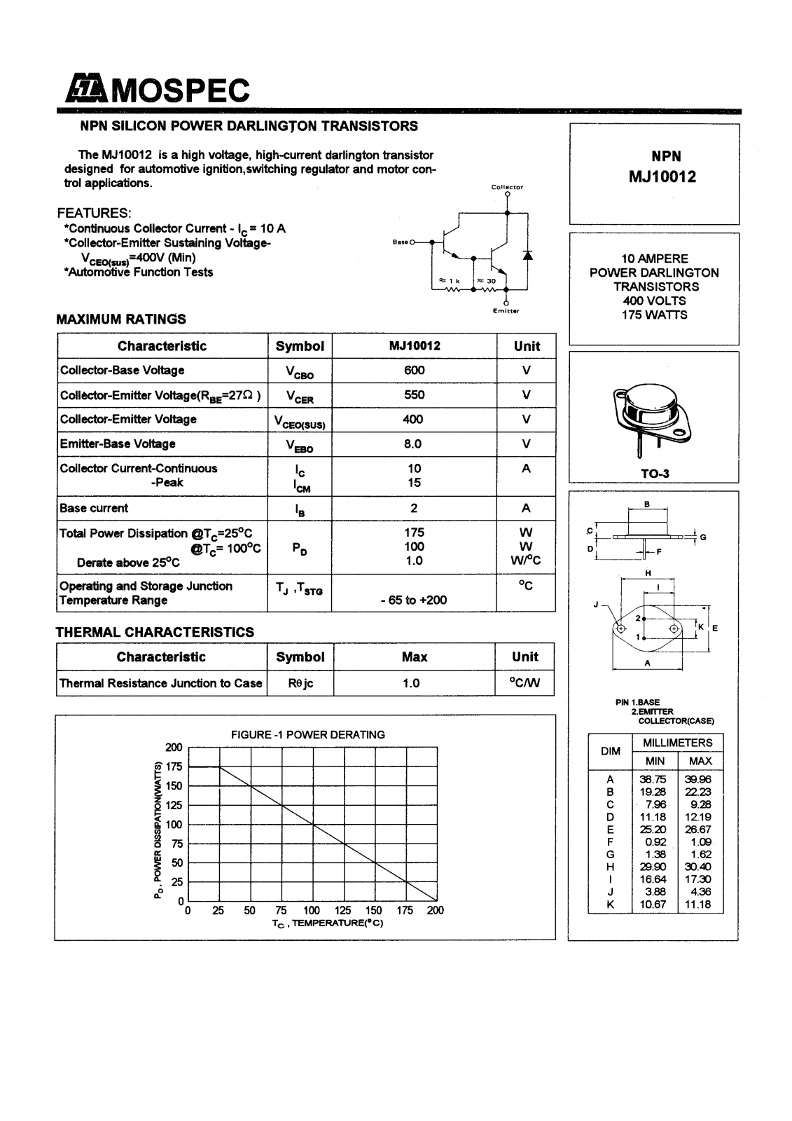 MOSPEC MJ10012 Datasheet