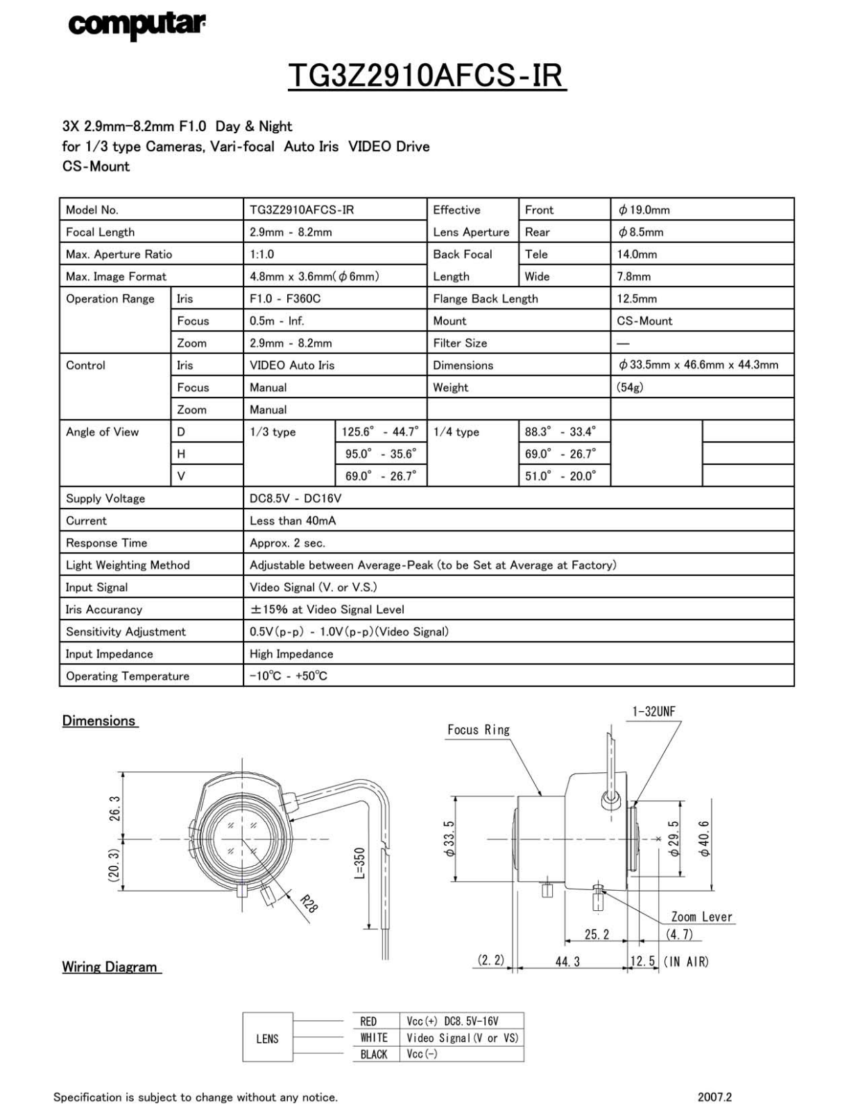 Computar TG3Z2910AFCS-IR Specsheet