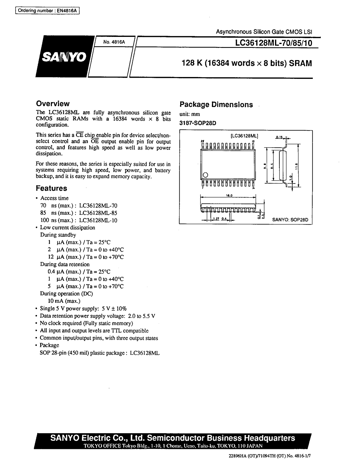 SANYO LC36128ML-85, LC36128ML-70, LC36128ML-10 Datasheet