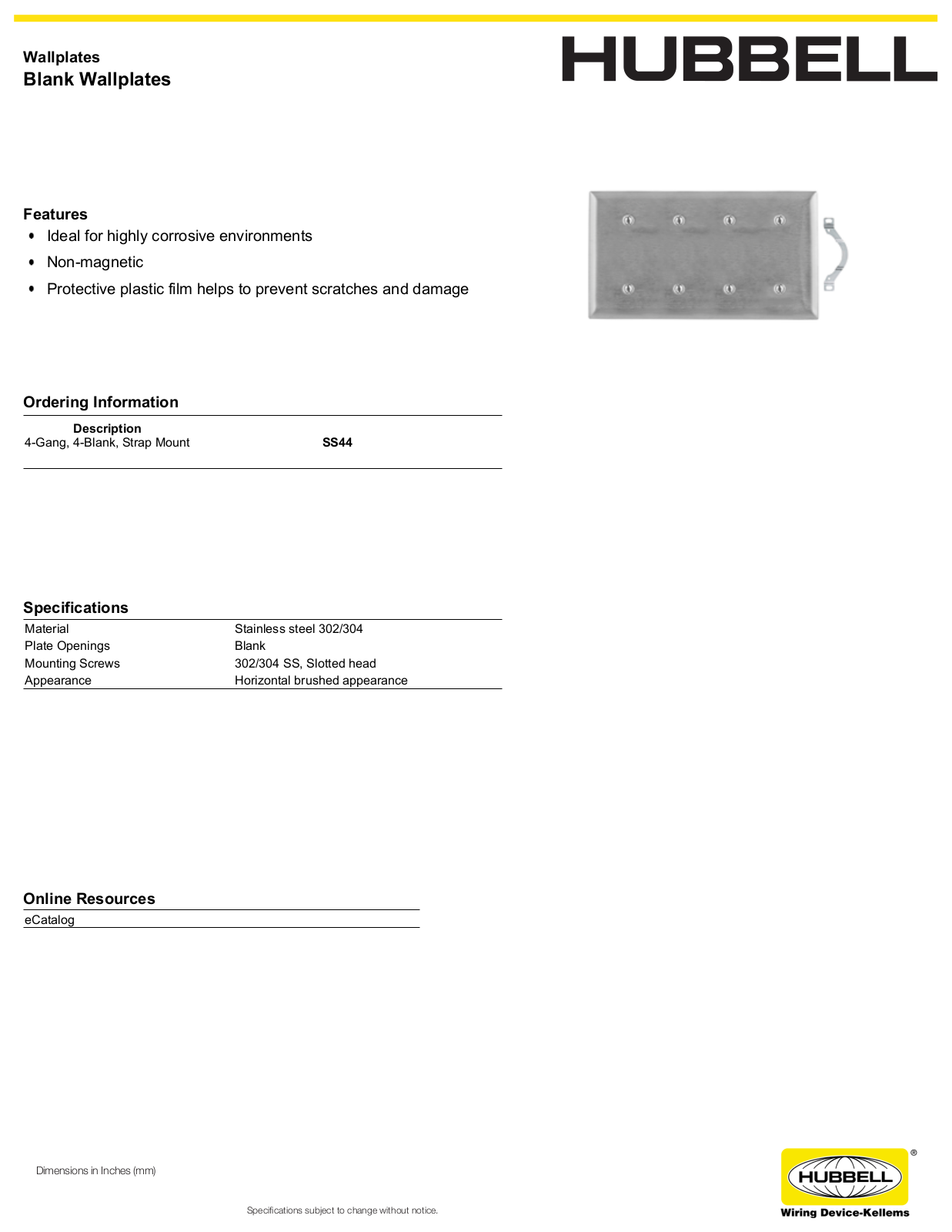 Hubbell SS44 Specifications