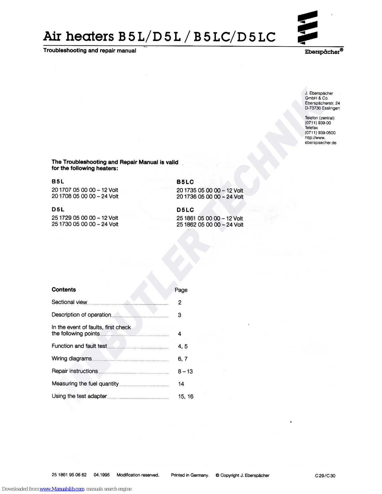 Eberspächer B5L, D5L, B5LC, D5LC Troubleshooting Manual