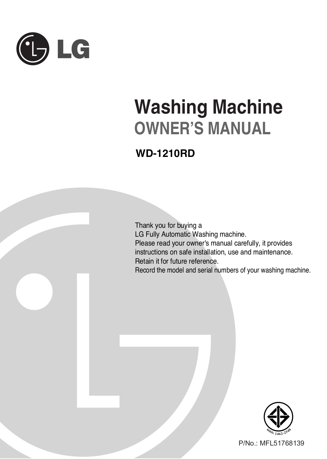 LG WD-1210RD User manual