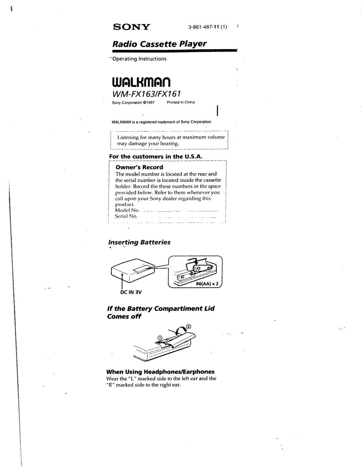 Sony WM-FX163, WM-FX161 Operating Manual