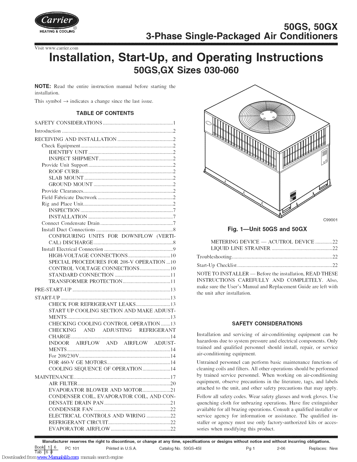 Carrier 50GS030, 50GX030, 50GX036, 50GS048, 50GS060 Installation, Start-up, And Operating Instructions Manual - ManualMachine.com