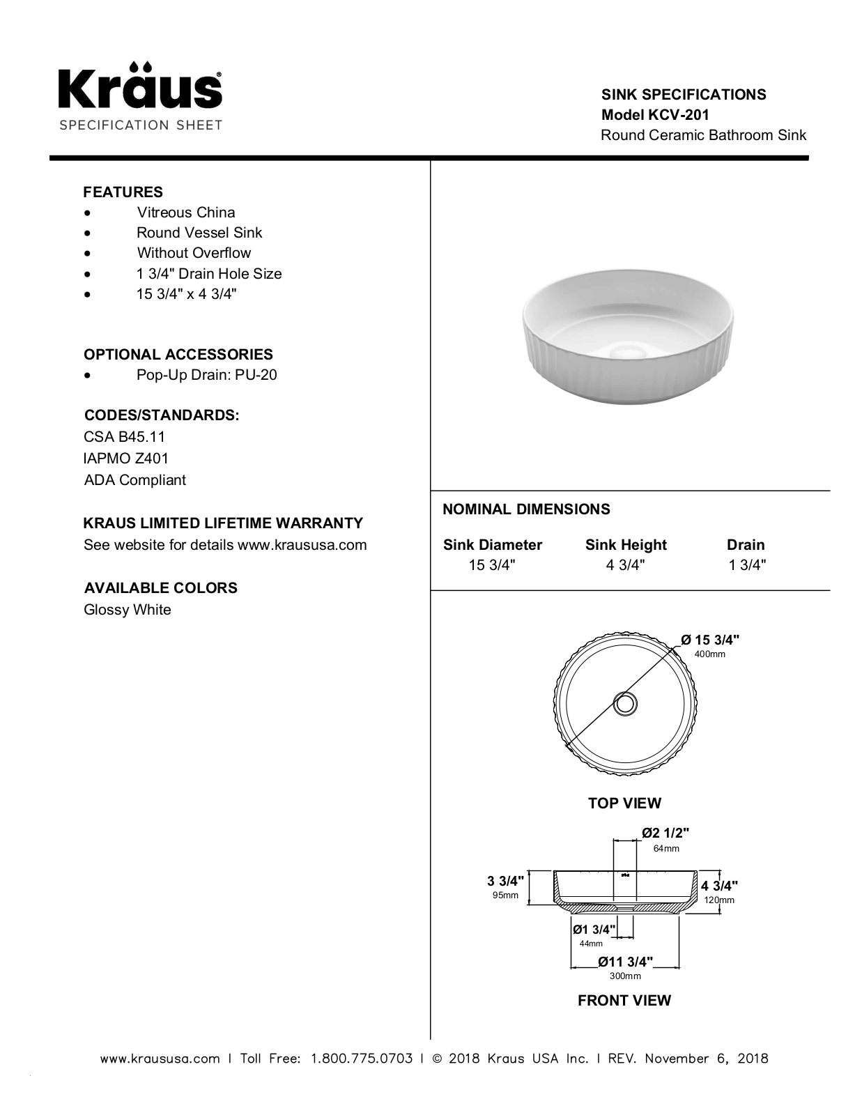 Kraus KCV201GWH Specifications