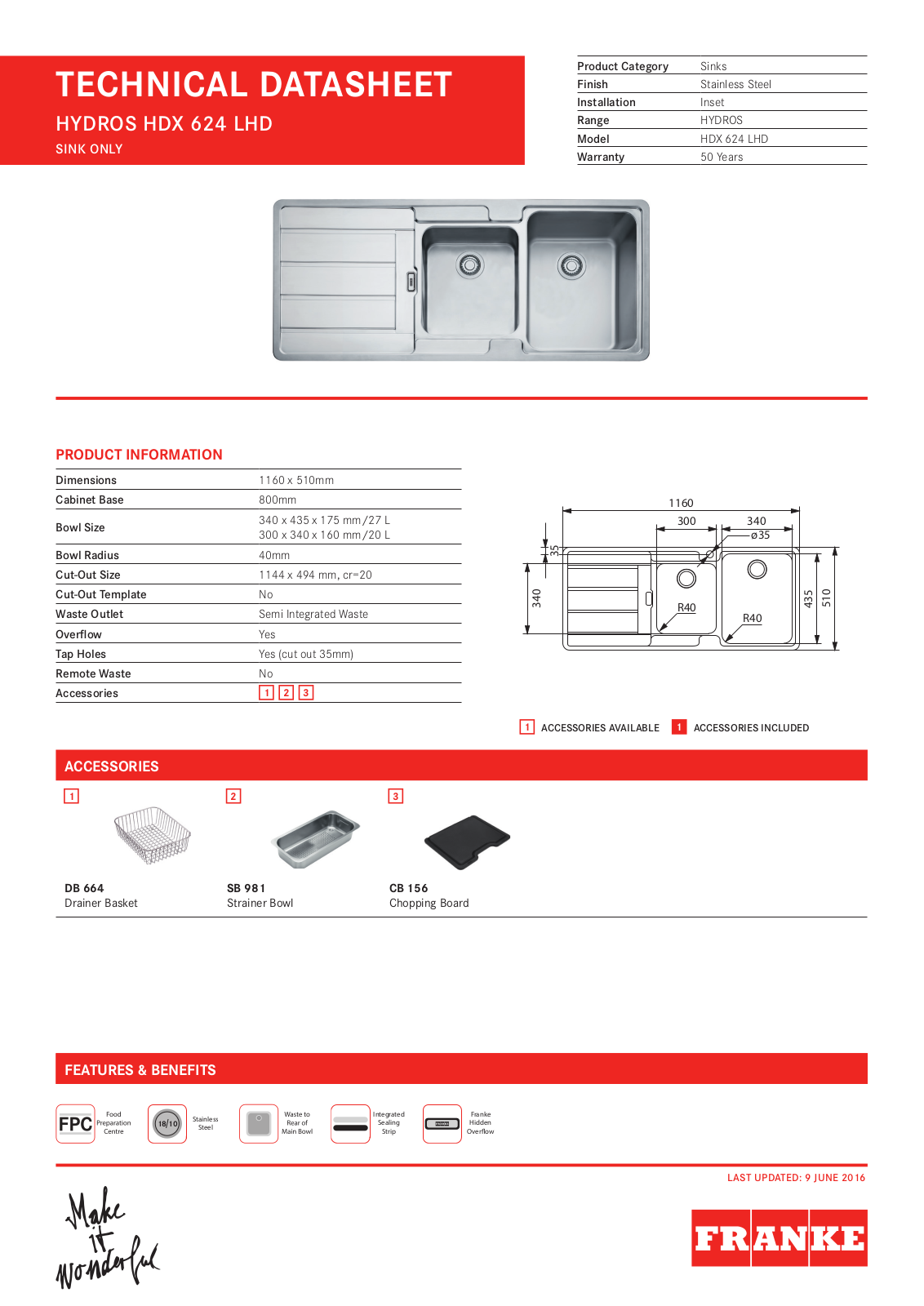 Franke HDX624LHD Specifications Sheet