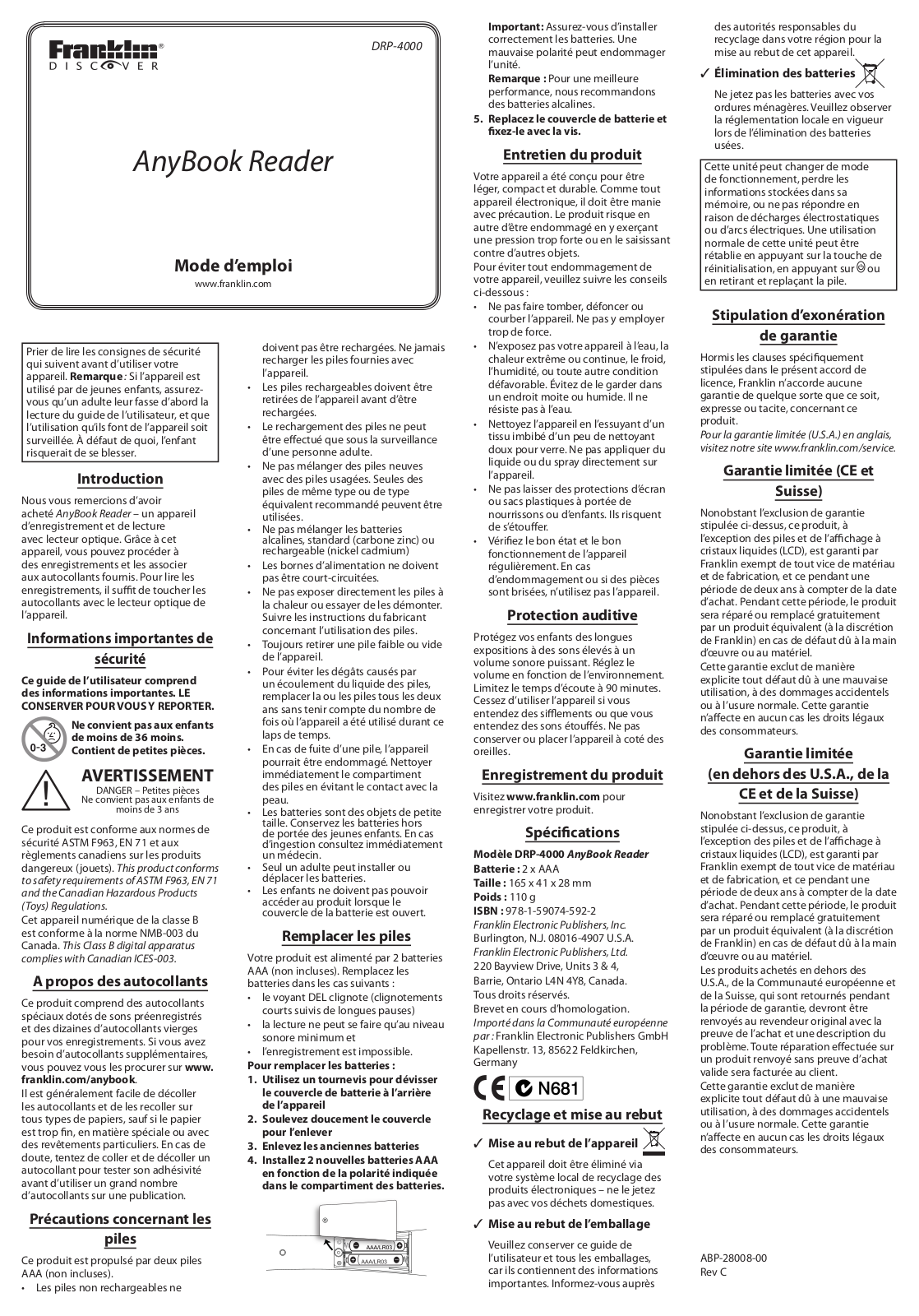 FRANKLIN DRP-4000D User Manual