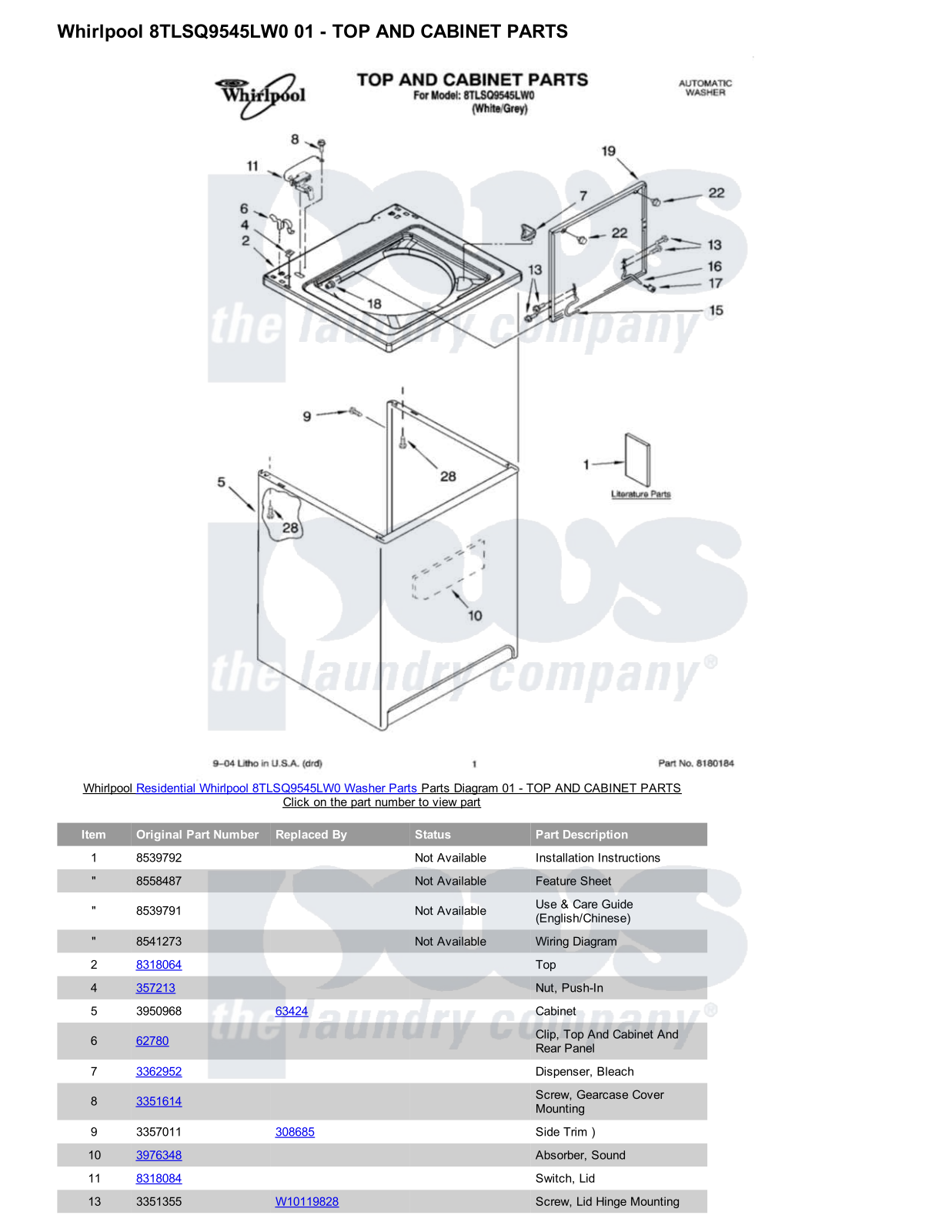 Whirlpool 8TLSQ9545LW0 Parts Diagram