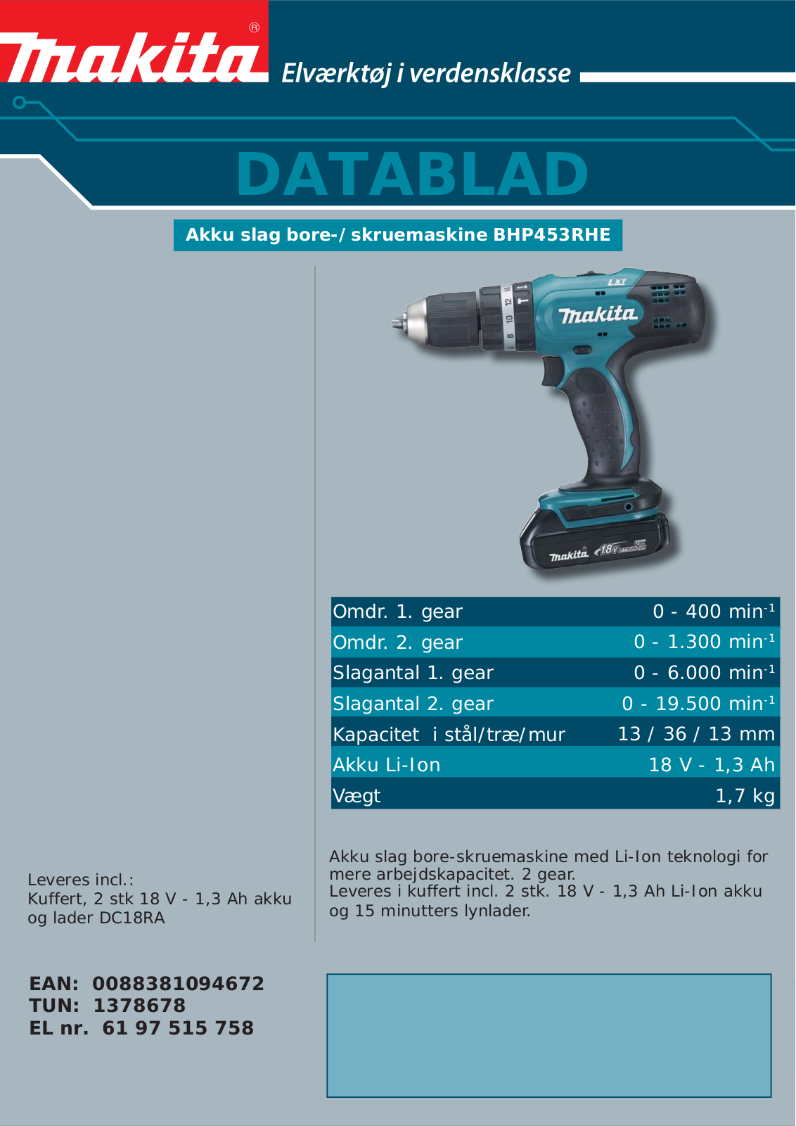 Makita BHP453RHE DATASHEET