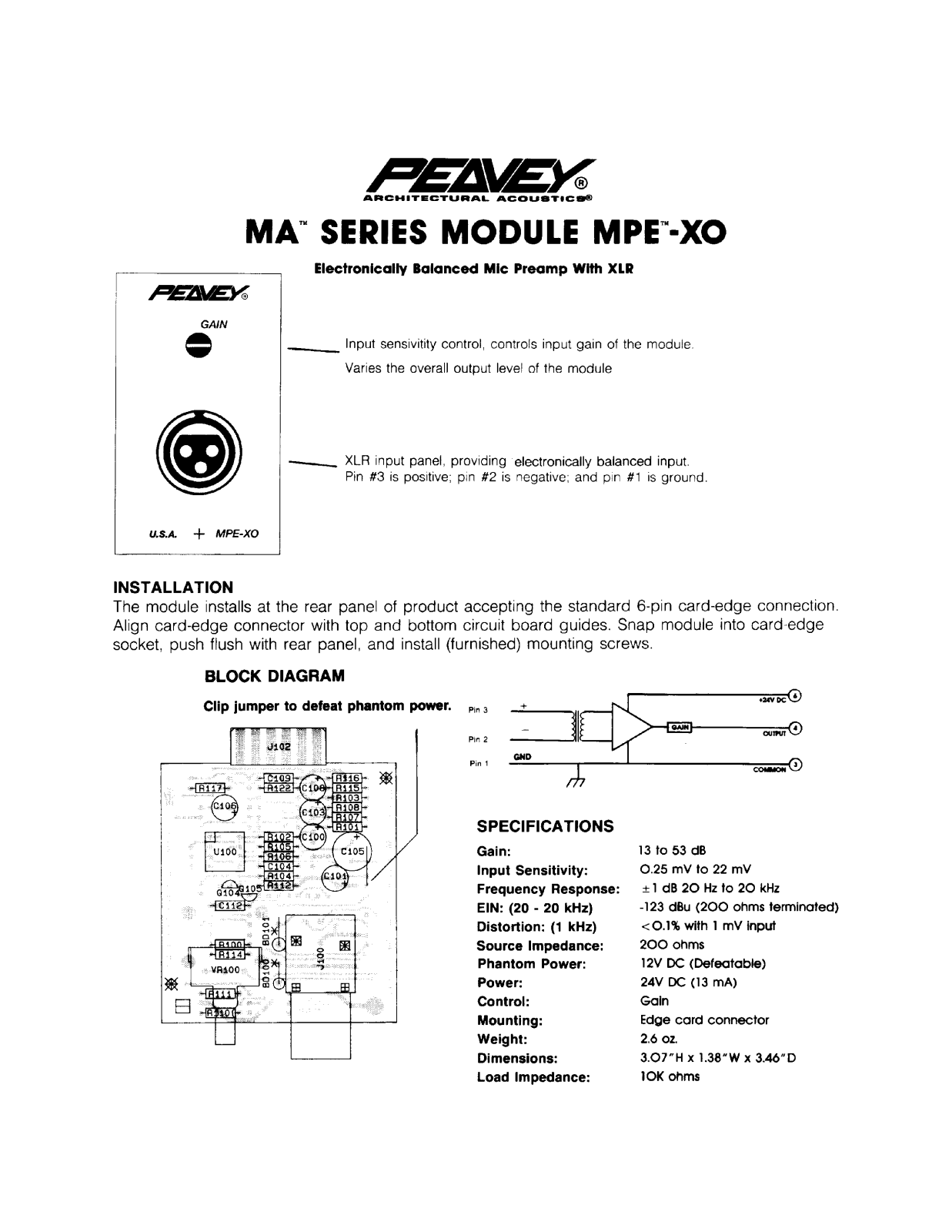 Peavey MA Series MODULE MPE-xo INSTALLATION GUIDE