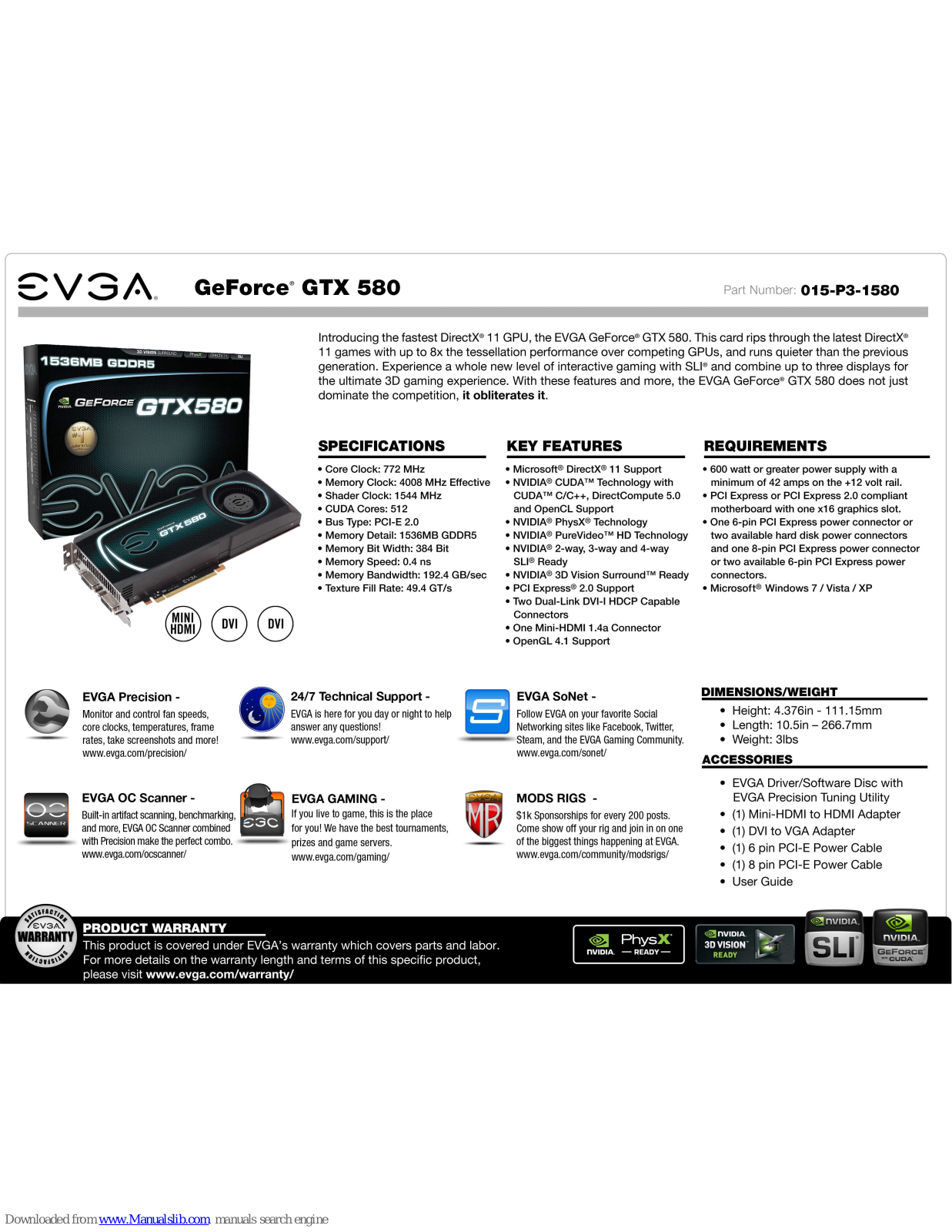 EVGA GeForce GTX 580, 015-P3-1580 Specifications - ManualMachine.com