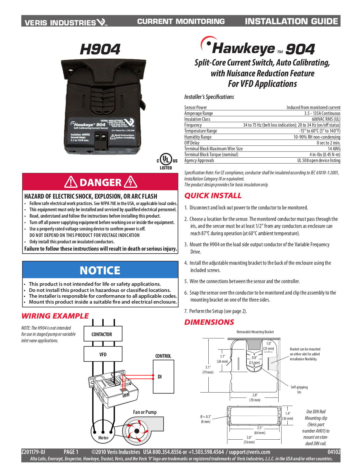 Veris H904 Installation Instructions