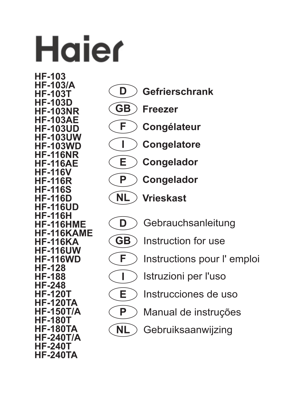 Haier HF-116R, HF-116H, HF-116V, HF-116HME User Manual