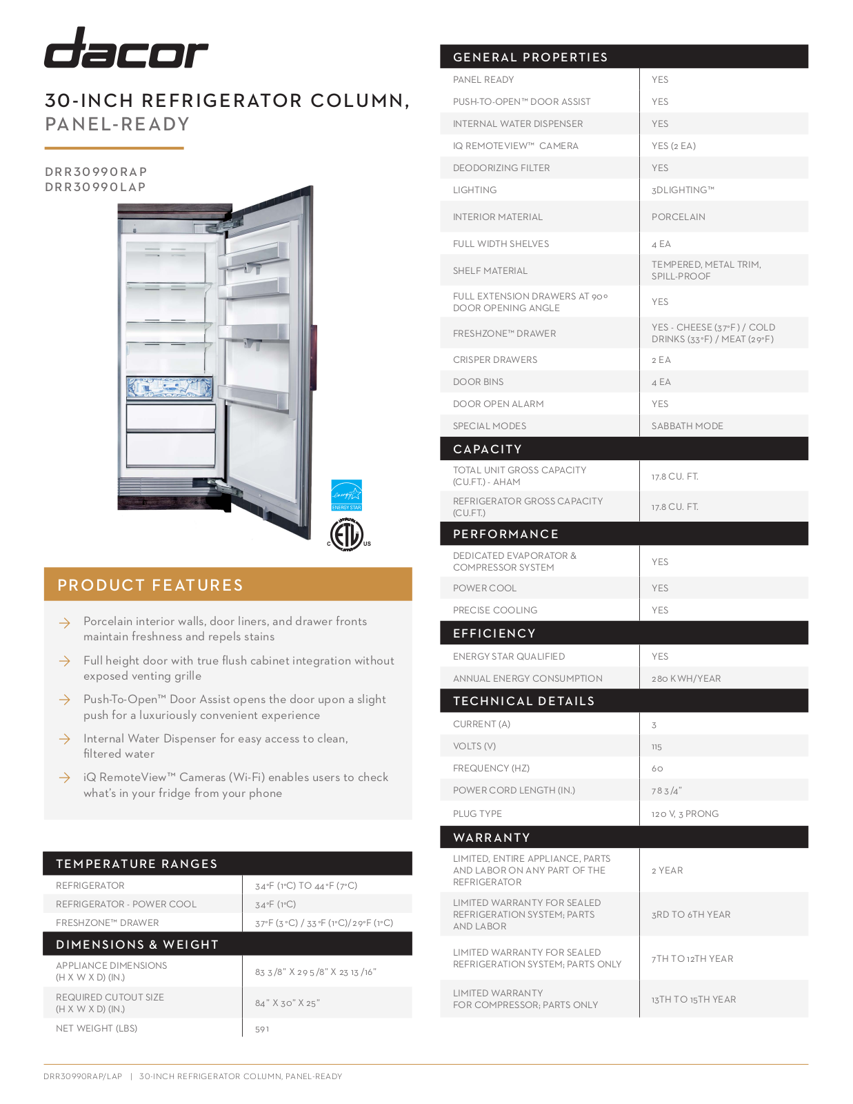 Dacor DRR30990LAP Specifications