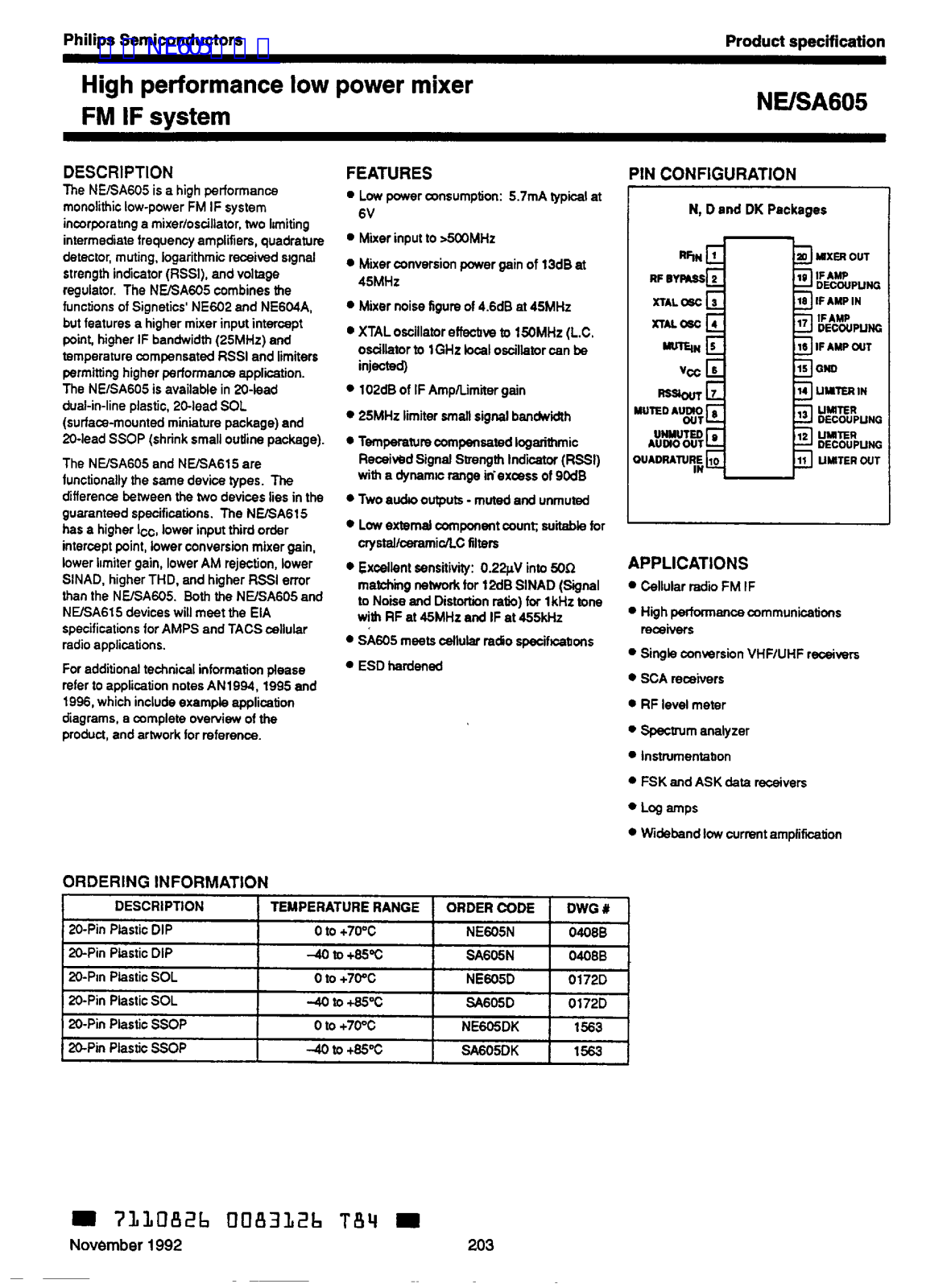 Philips NE605, SA605 Technical data