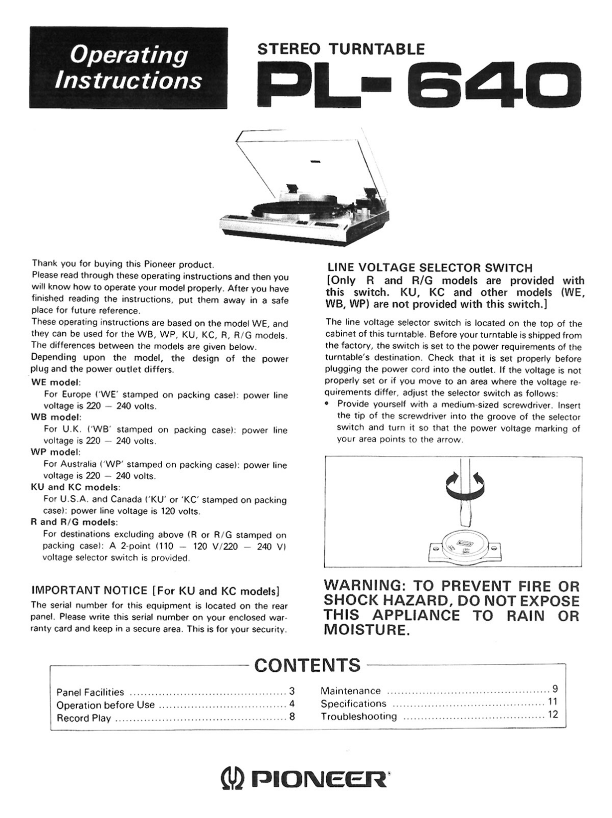 Pioneer PL-640 Owners manual