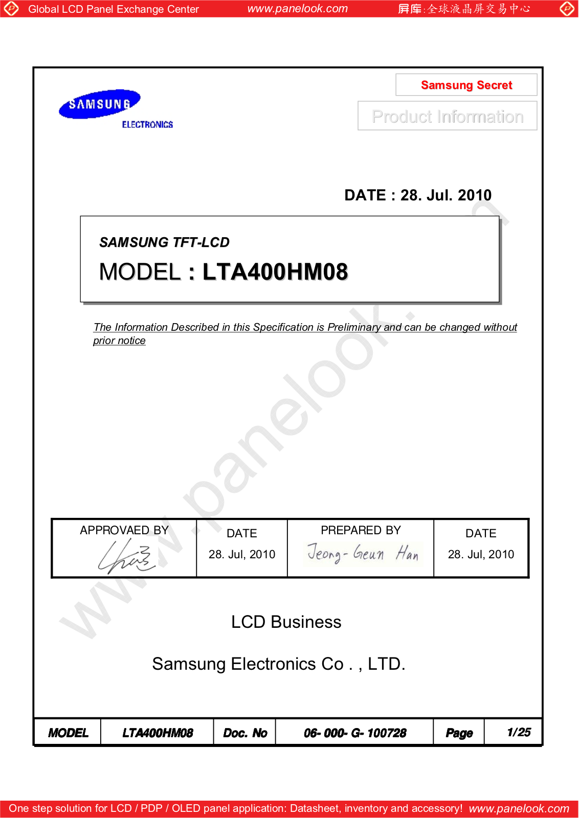 SAMSUNG LTA400HM08 Specification