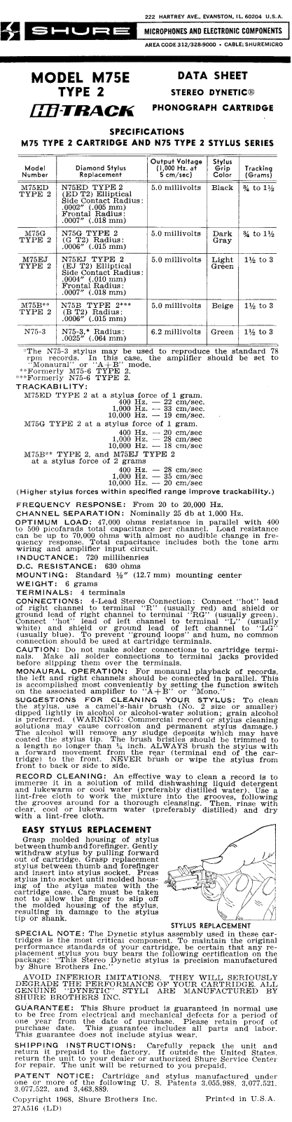 Shure M75E Type 2 User Guide - ManualMachine.com