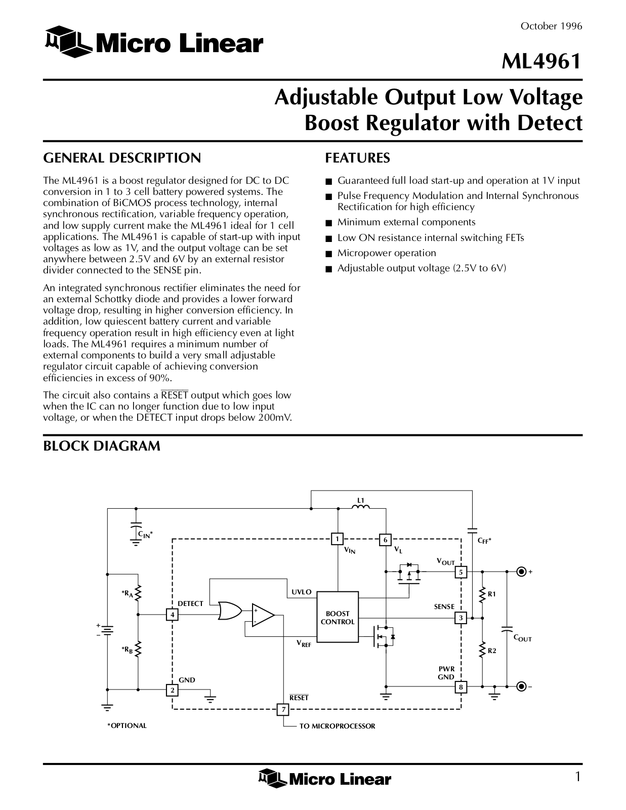 Micro Linear Corporation ML4961ES, ML4961IS, ML4961CS Datasheet