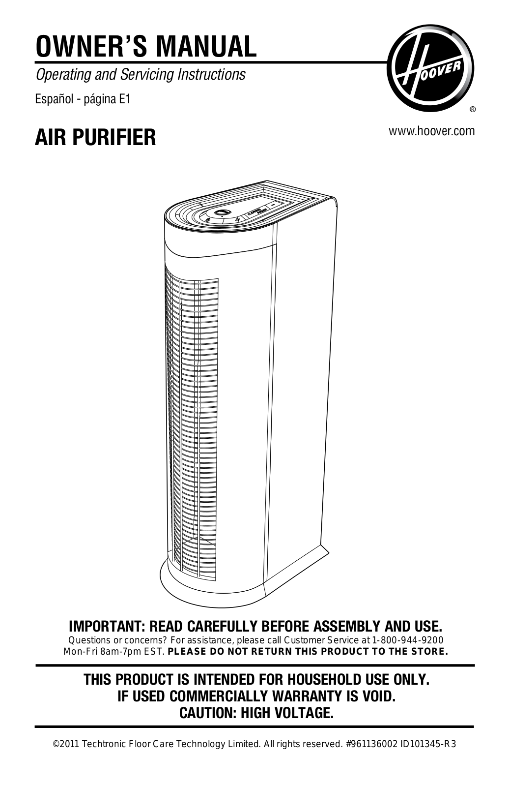 Hoover AIR PURIFIER User Manual