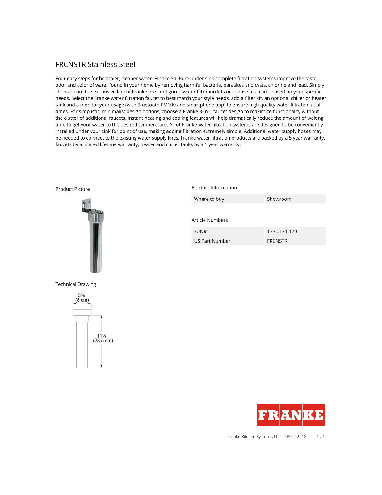 Franke FRCNSTR Specs