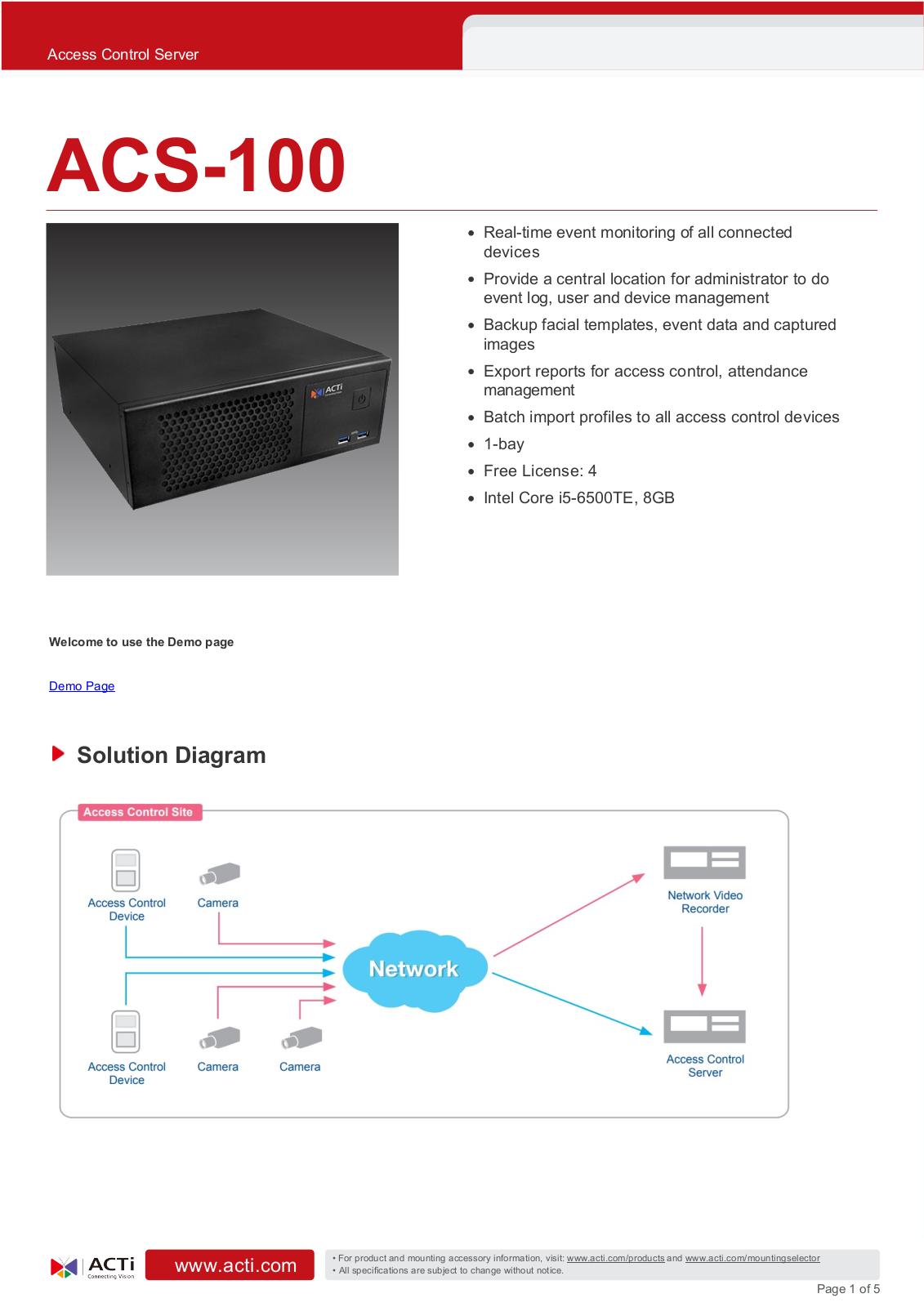 ACTi ACS-100 Specsheet