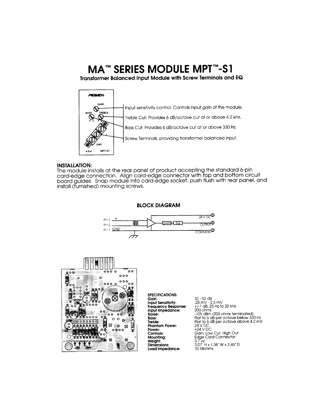 Peavey MA Series MODULE MPT-S1 INSTALLATION GUIDE