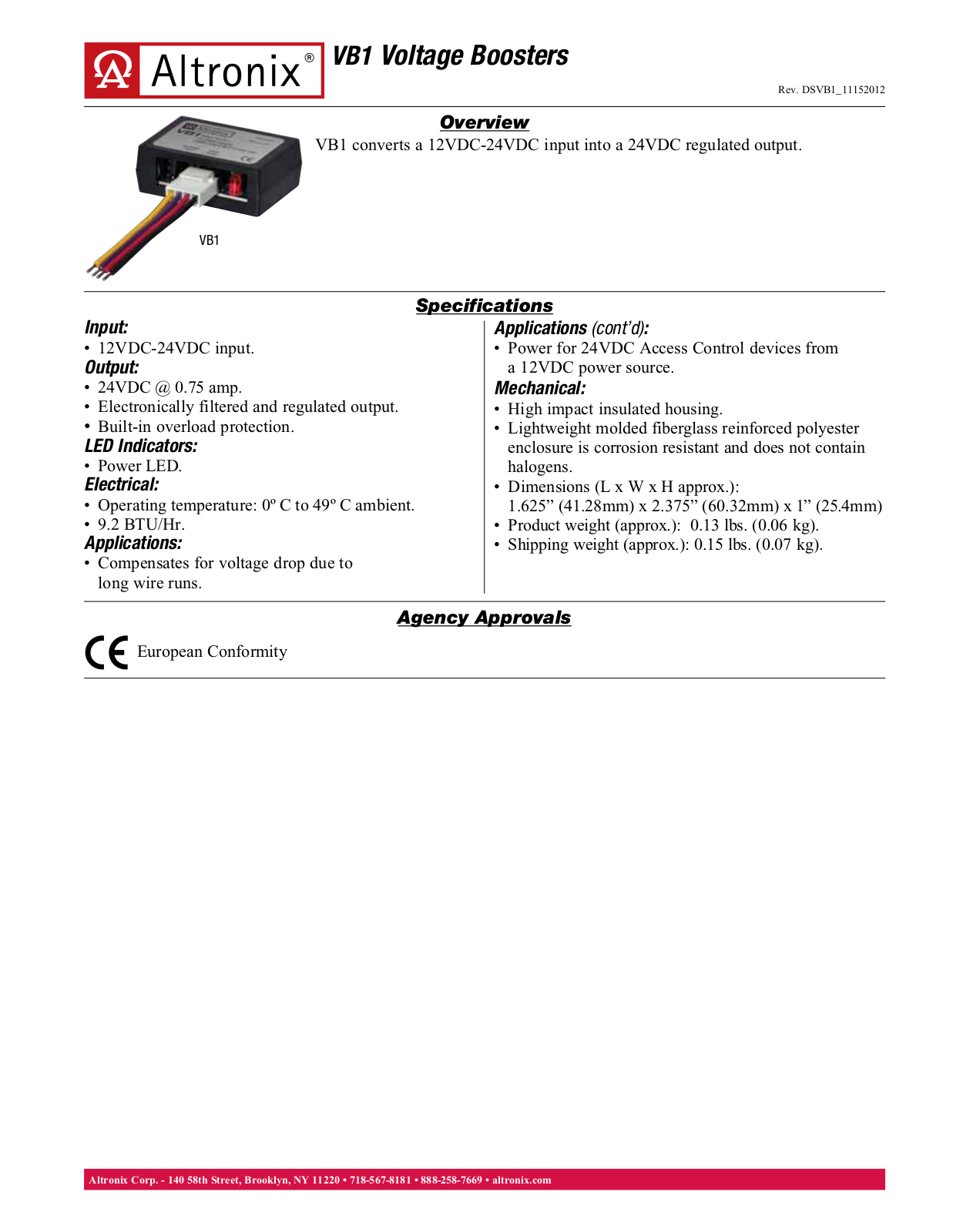 Altronix VB1 Specsheet