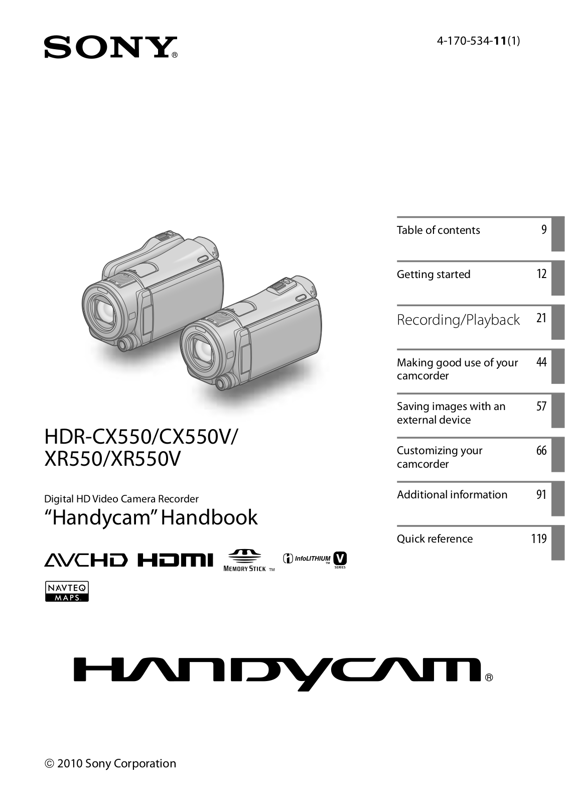 Sony HDR-CX550, HDR-CX550V, HDR-XR550, HDR-XR550V Handbook
