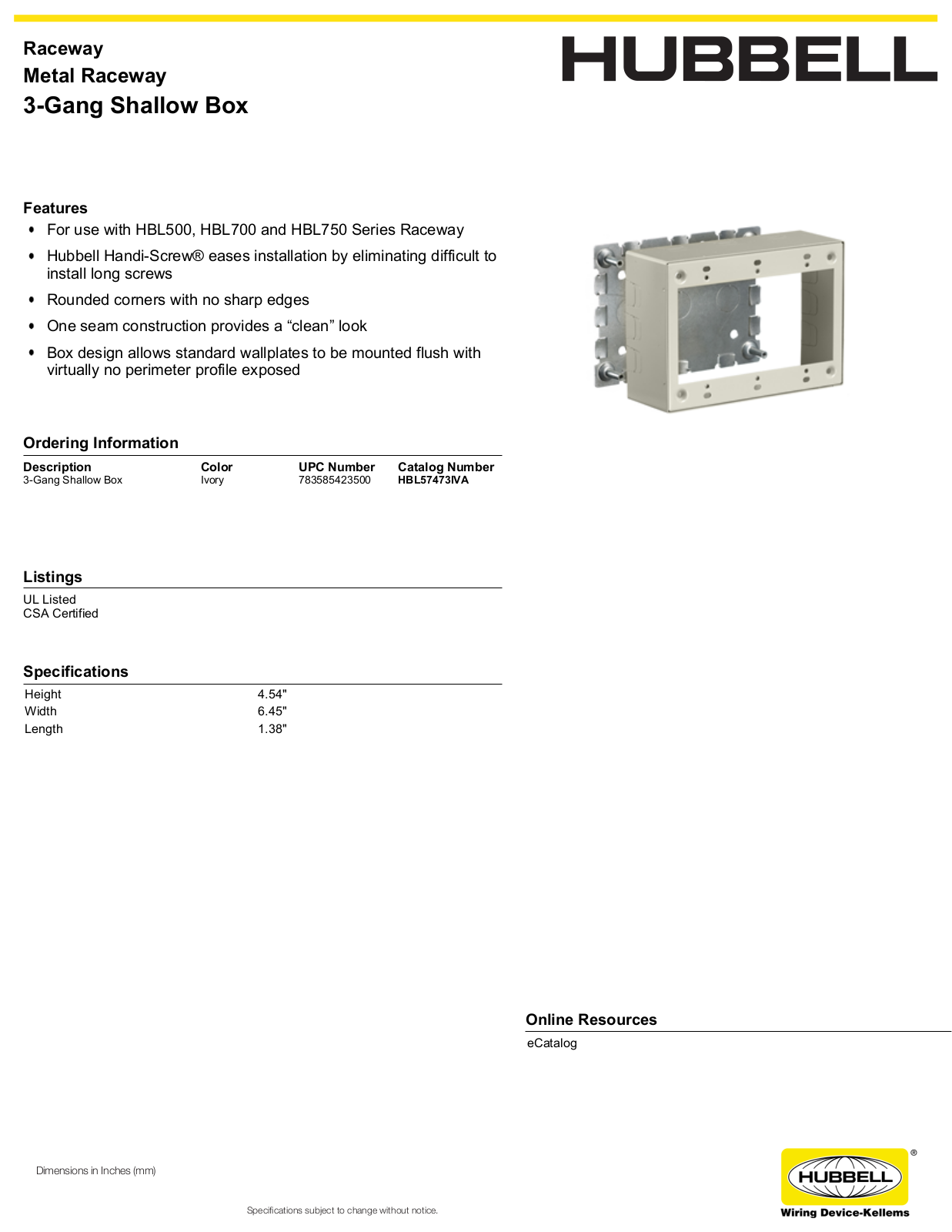 Hubbell HBL57473IVA Specifications