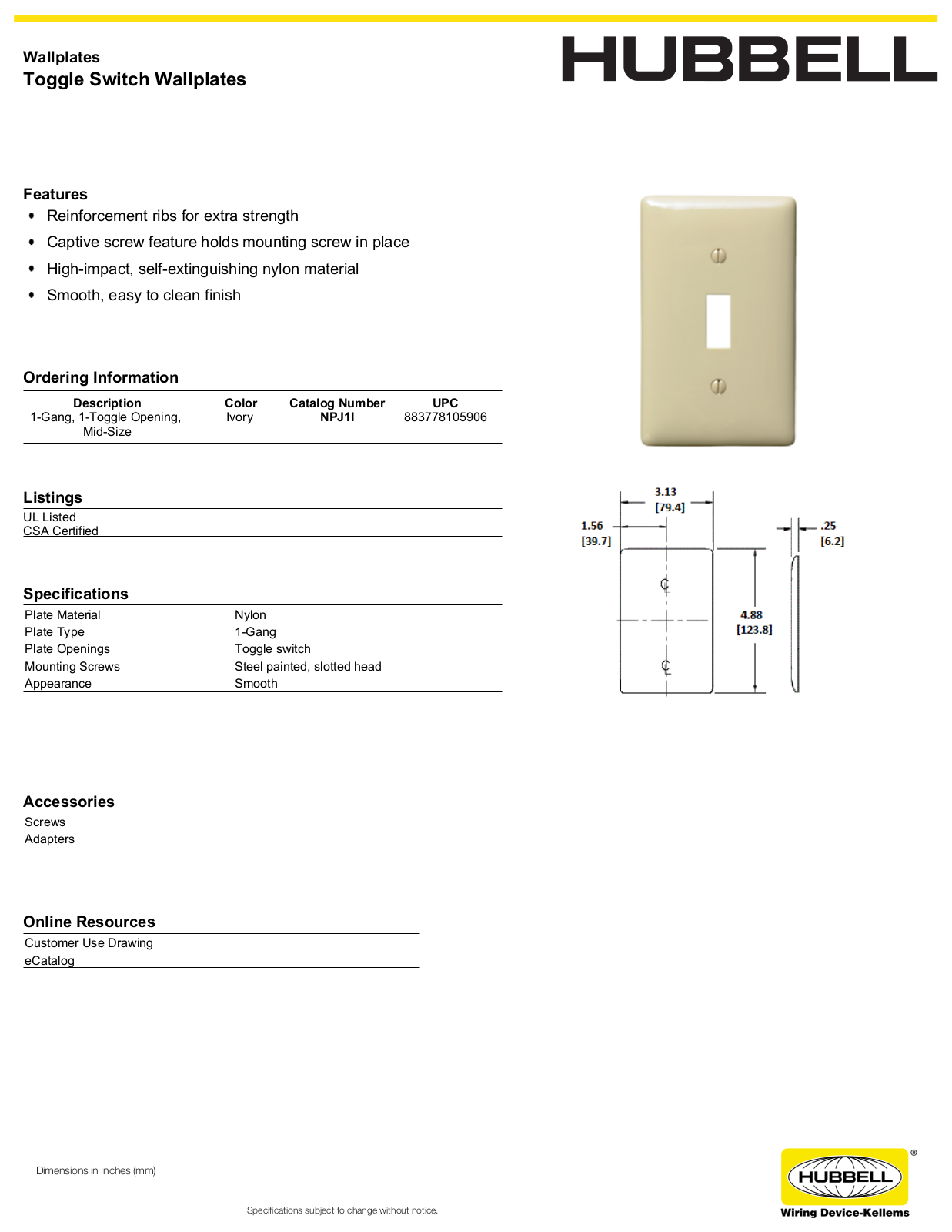 Hubbell NPJ1I Specifications