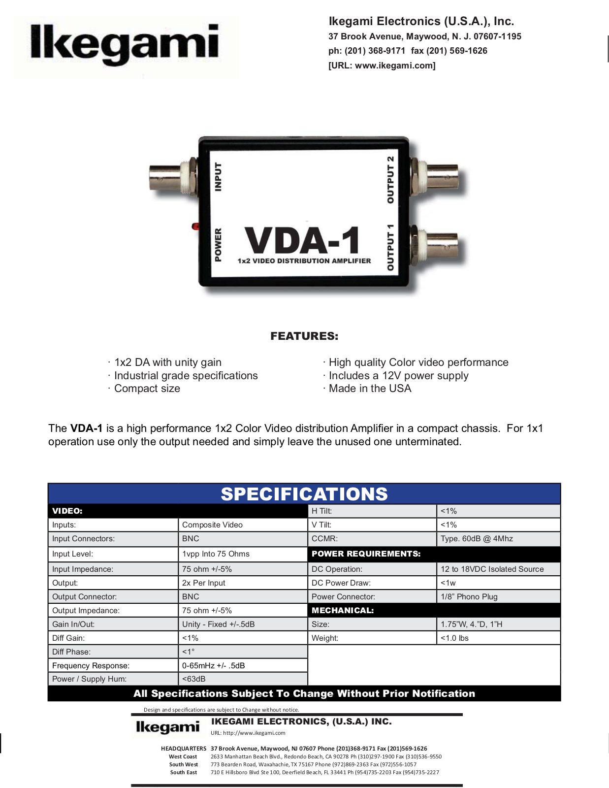 Ikegami IK-VDA-1 Specsheet