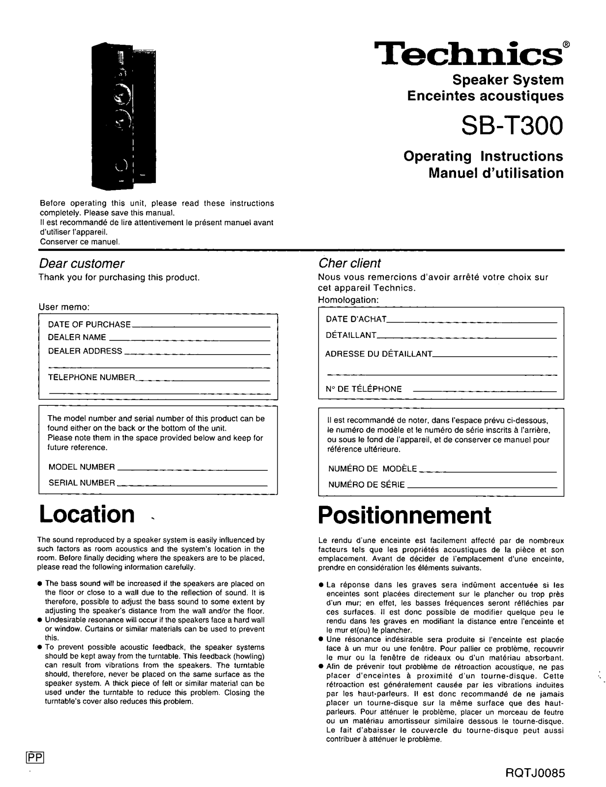 Technics SB-T300 Owners Manual