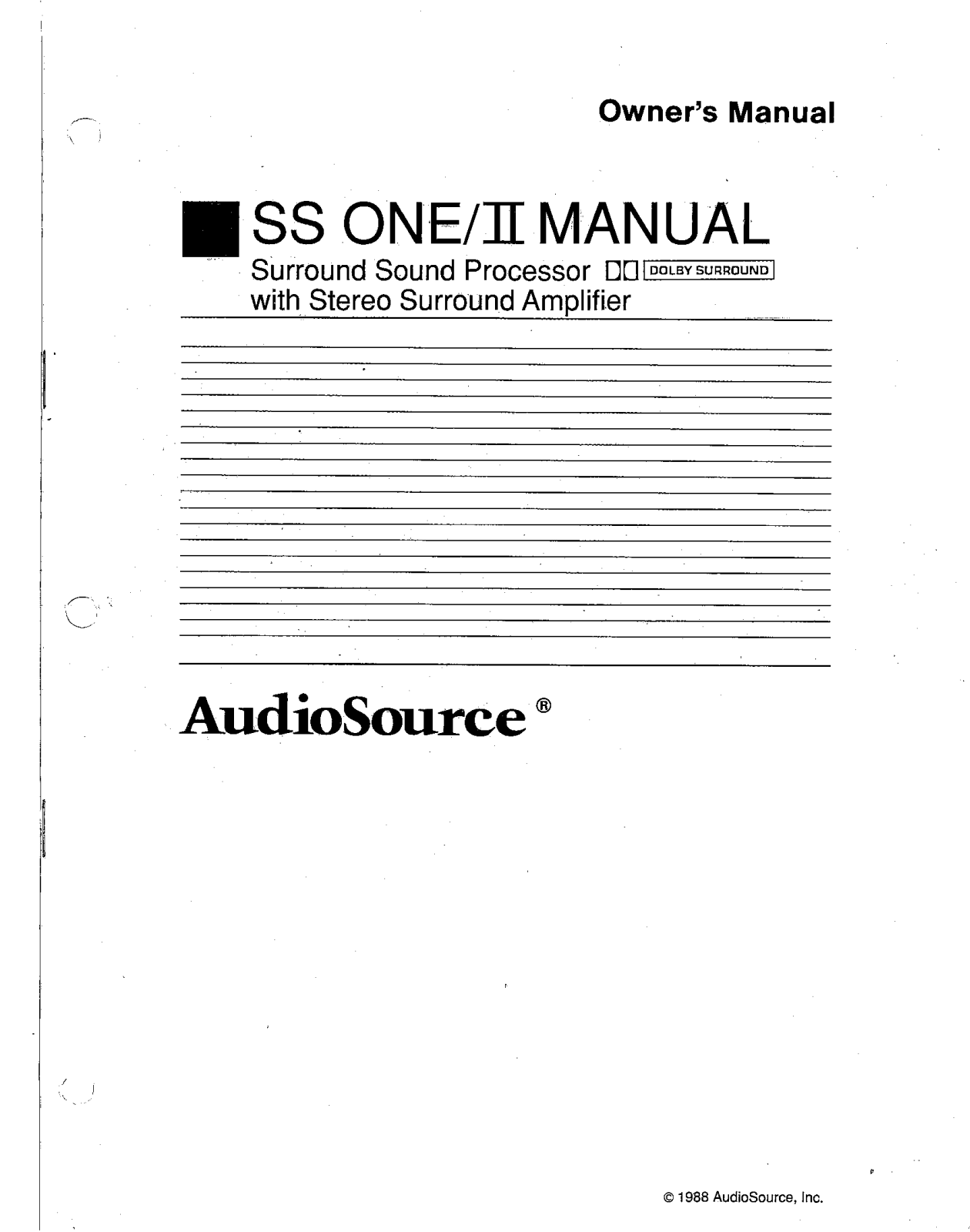 AudioSource SS ONE-II User Manual